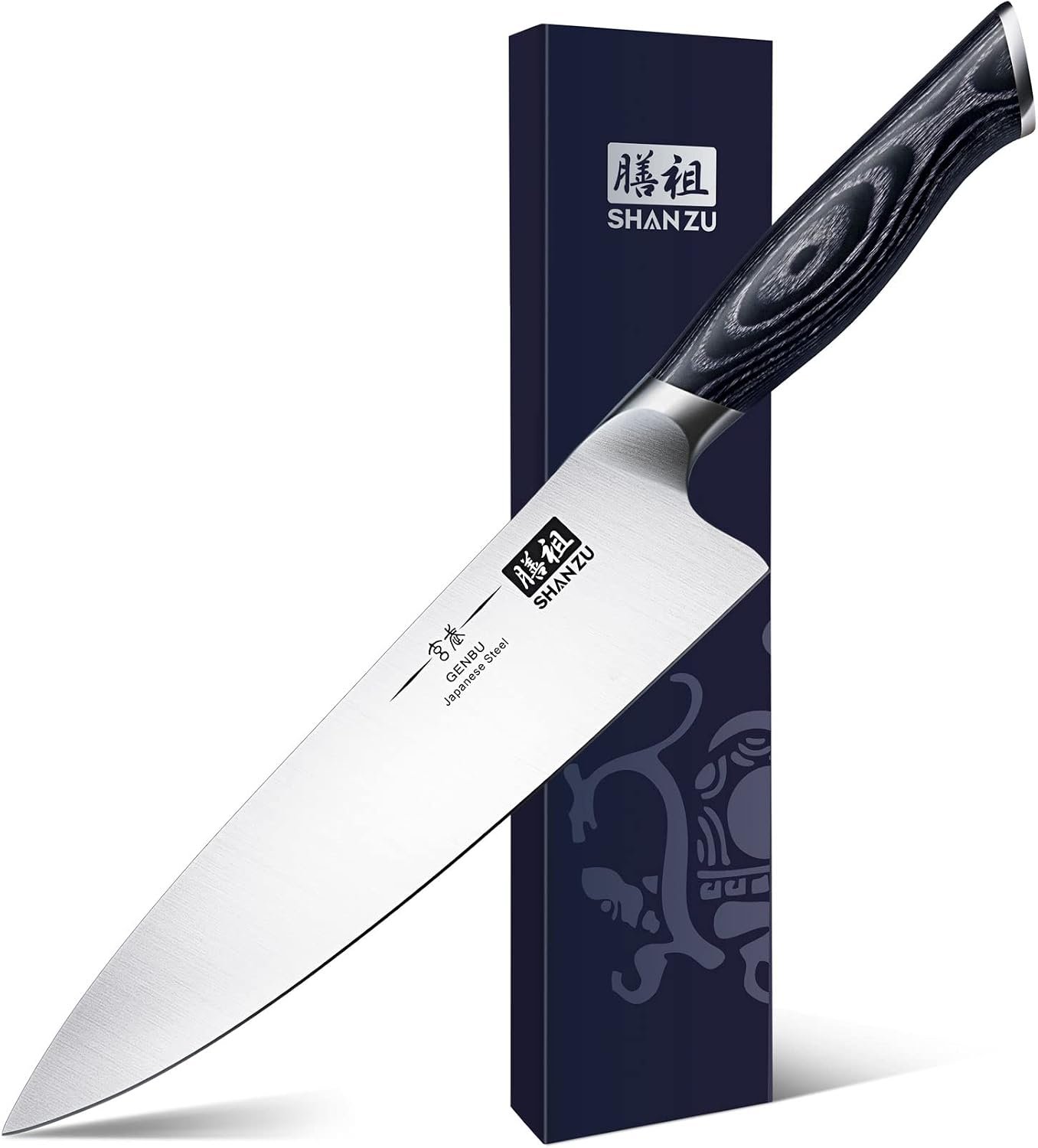 SHAN ZU 8 inch Japanese Chef Knife, Chefs Knife Kitchen Knives, Japanese Super Steel Sharp Chef’s Knives with K133 Ergonomic Handle, Black Tortoise Genbu Series