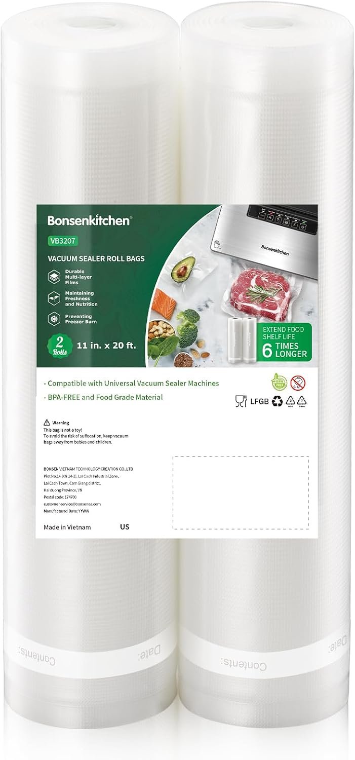 Bonsenkitchen Vacuum Sealer Bags, 11″ x 20′ Rolls 2 Pack for Food Storage | Commercial Grade Textured Food Roll, Bpa Free, Heavy Duty, Customized Size Bag for Sous Vide Cooking, VB3207