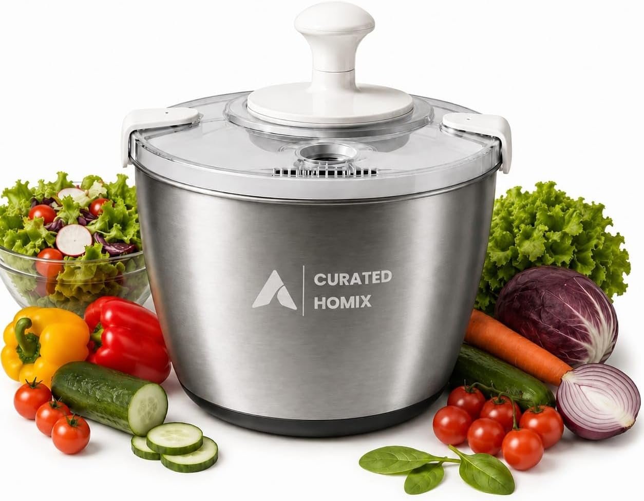 Stainless Steel Salad Spinner Large Capacity 6L – Hand Crank Vegetable Washer & Dryer, Drainage Spout, Non-Slip Base – Dishwasher Safe Kitchen Tool for Lettuce & Fruit