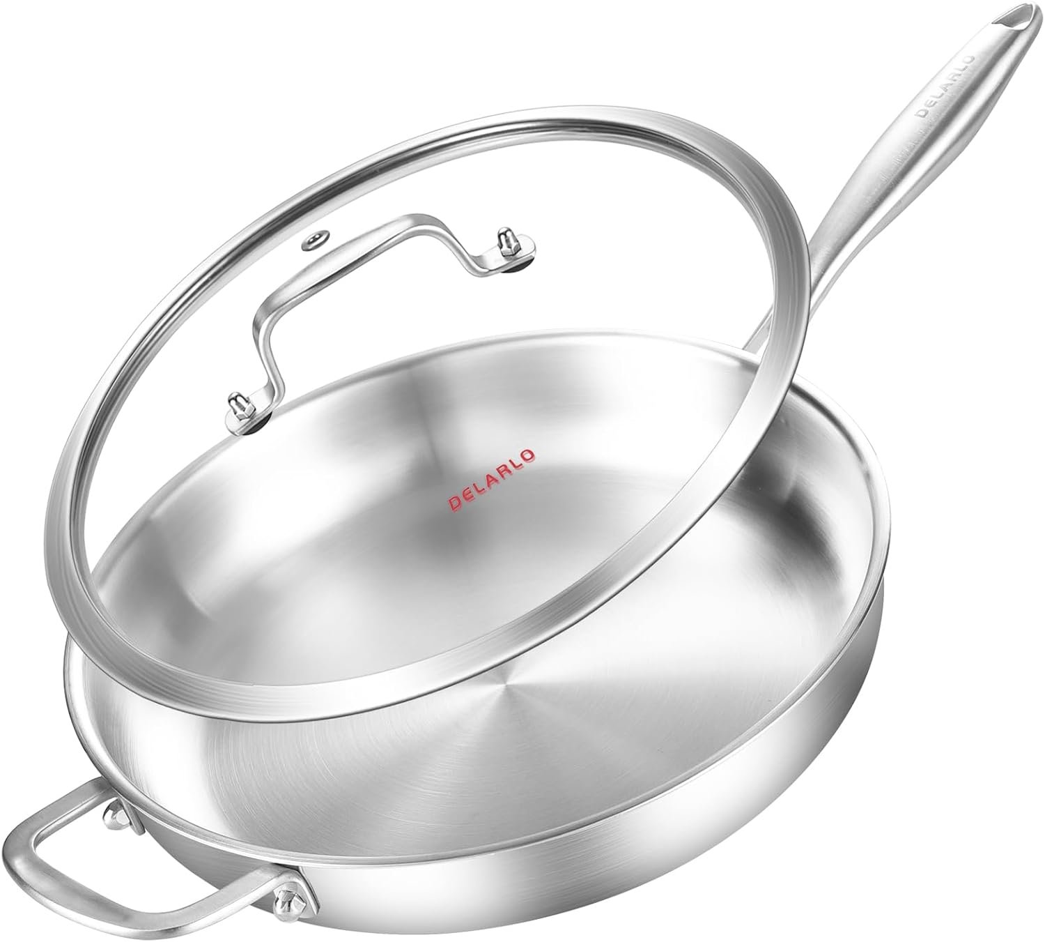 DELARLO Tri-Ply Stainless Steel Pan with Lid 12inch | Compatible with All Cooktops Heavy Duty Frying Pan with Lid, 18/10 Large Cooking Surface, Stainless Steel Skillet