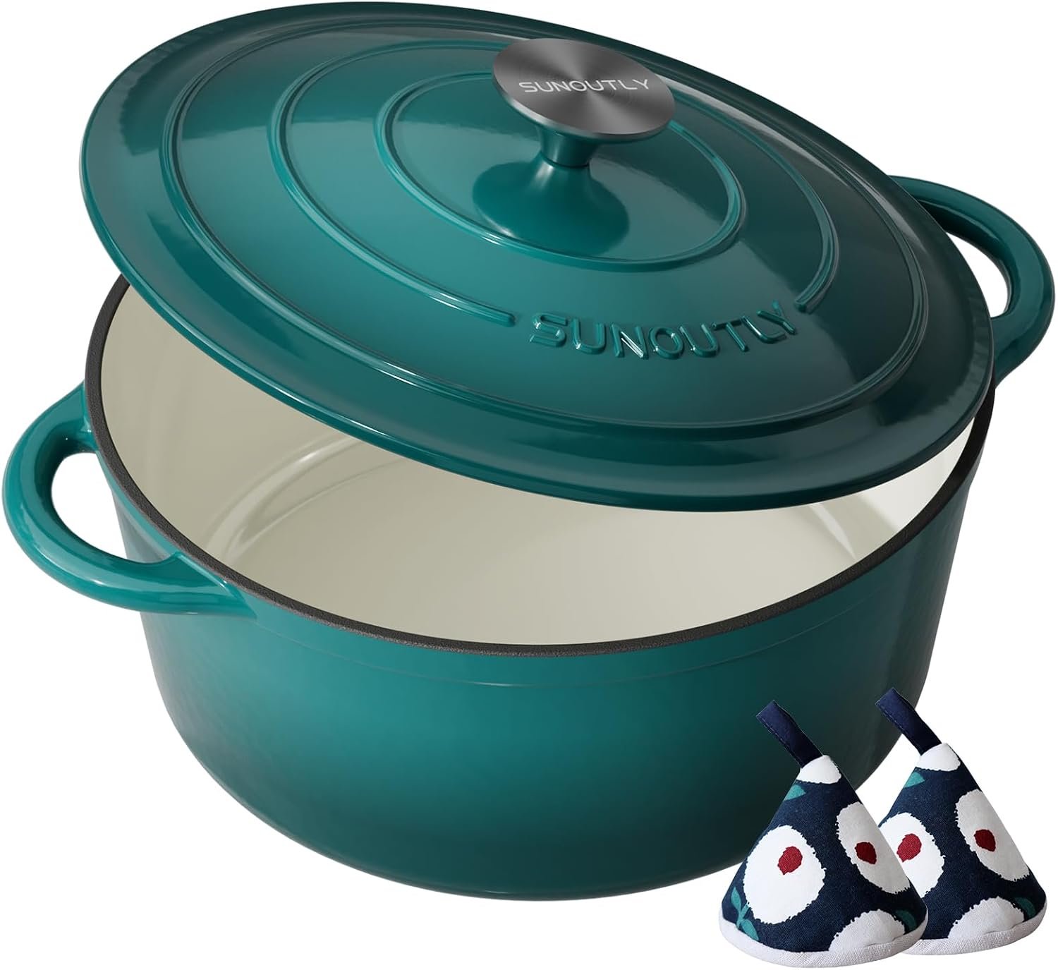 Enameled Cast Iron Dutch Oven – 7.5QT Pot with Lid & Cotton Potholders – Heavy-Duty Cookware for Braising, Stews, Roasting, Bread Baking, Oven Safe up to 500°F & Across All Stovetops, Bottle Green