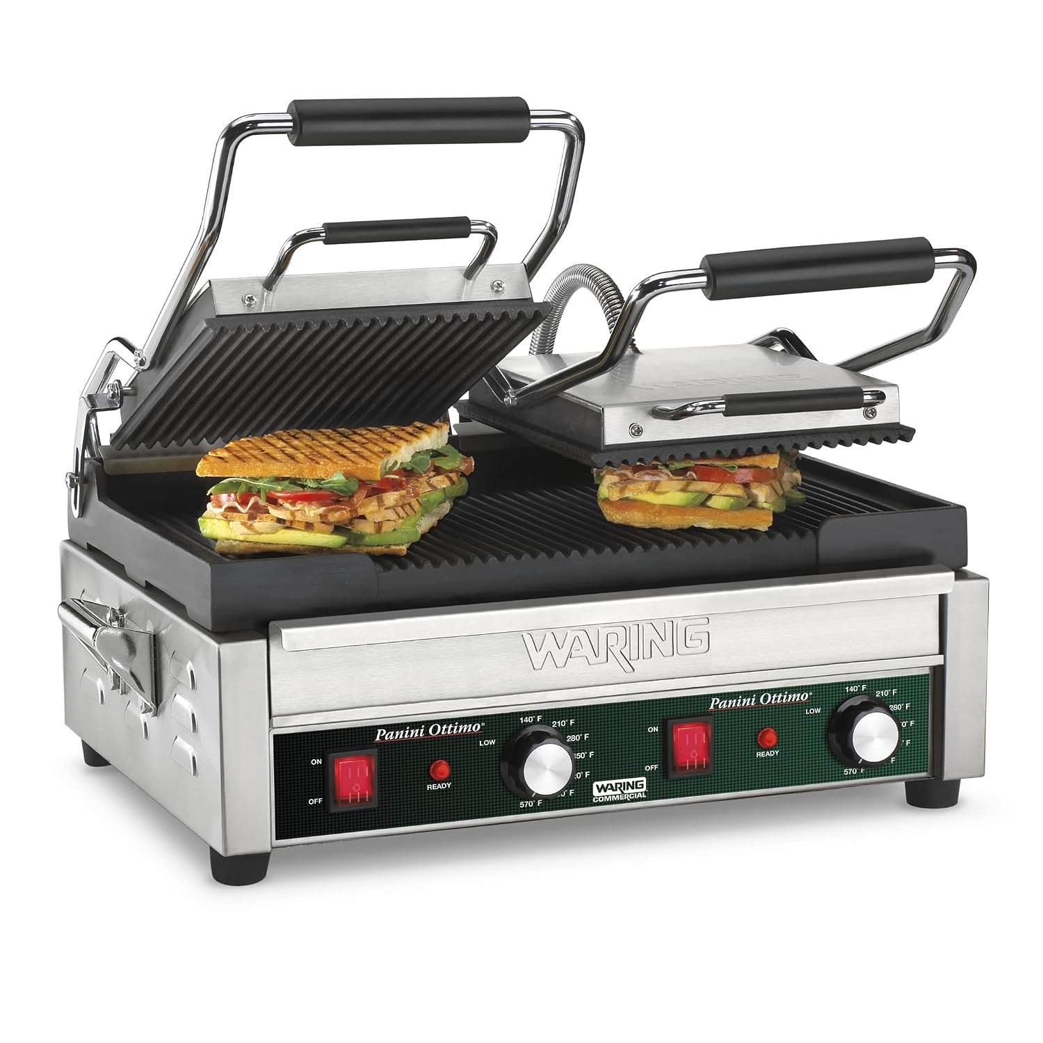 Waring Panini Press with 17″ x 9.25″ Cooking Surface & Ribbed Plates | Ribbed Cast Iron Plates, 17″ x 9.25″ Cooking Surface, 570°F Adjustable Thermostat, 240V