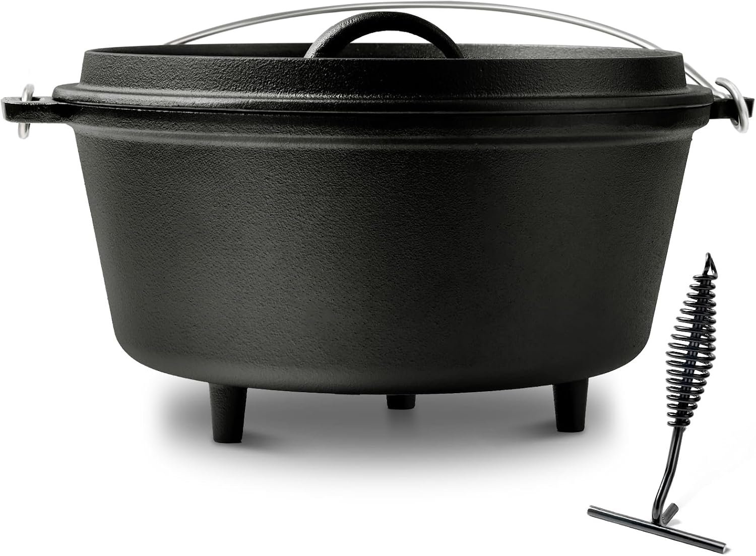 Pre-Seasoned 10QT Large Cast Iron Camping Dutch Oven Pot with Lid | Heavy- Duty Camping Cookware incl. Lid Lifter – Dual Handles – for Outdoor Campfire, Grill, Oven & Stovetop Cooking Black