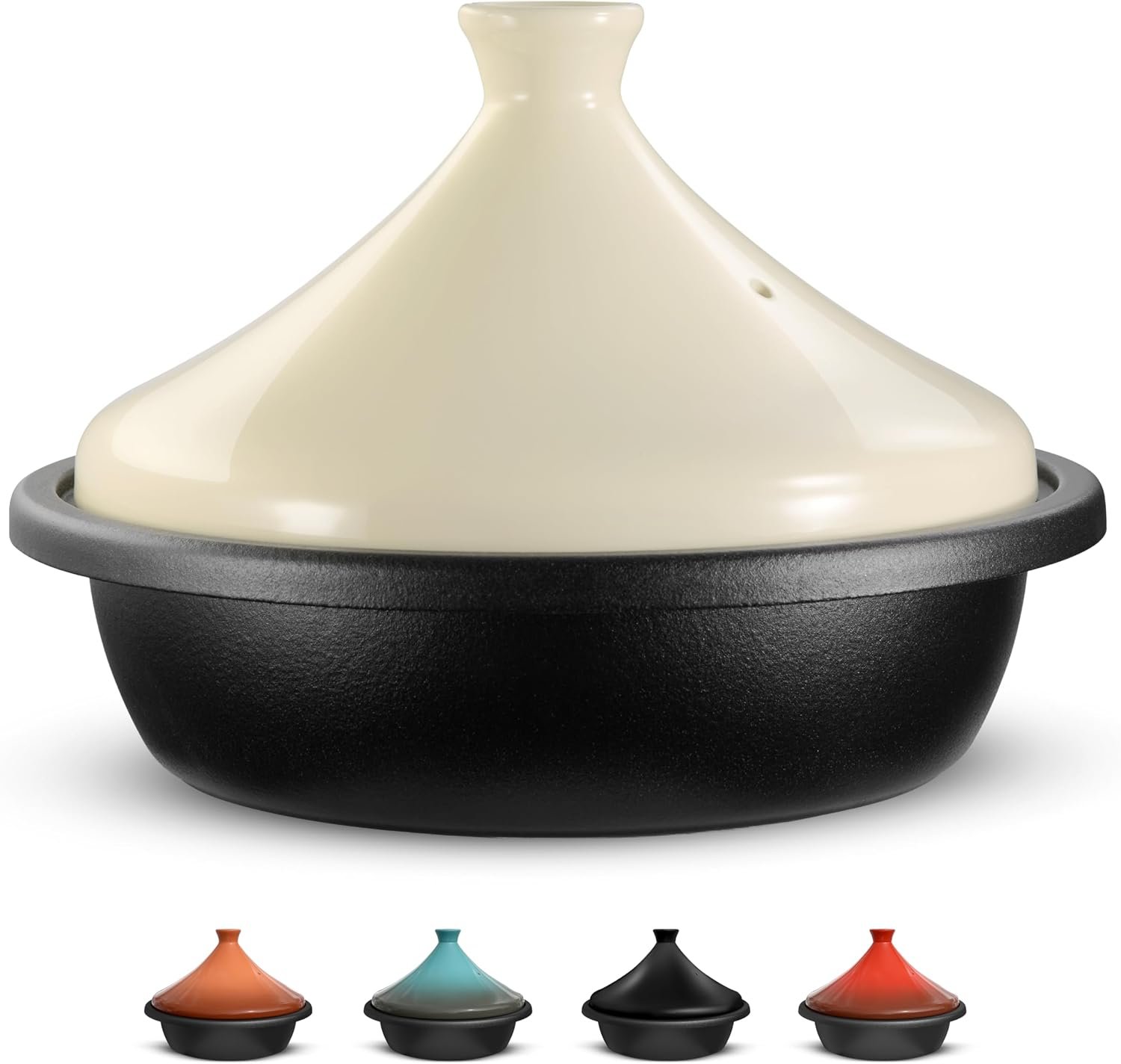 KooK Moroccan Tagine, Enameled Cast Iron Cooking Pot, Tajine with Ceramic Cone-Shaped Closed Lid, 3.3 QT, (Ivory)