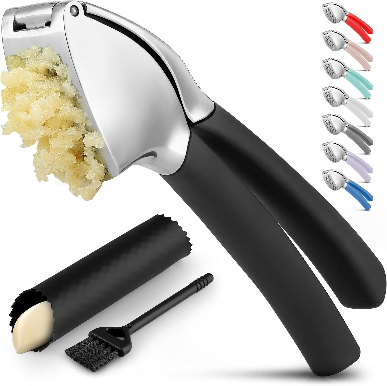 Zulay Kitchen Metal Comfort Grip Garlic Press | Garlic Mincer Tool – Garlic Crusher – Rust Proof Garlic Press, Soft Ergonomic Handle, Easy Clean Set with Peeler and Brush