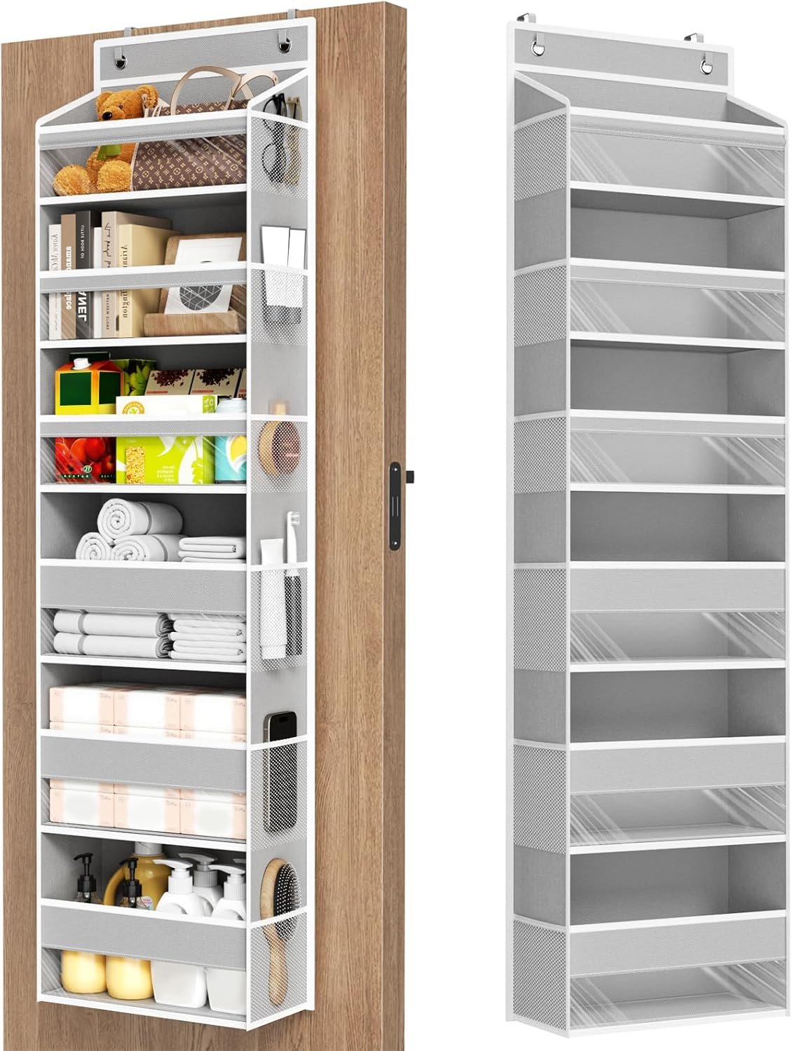 6 Tiers Over The Door Organizer, Behind The Door Storage Hanging Shelves | Heavy Duty Hanging Organizer Storage with Large Capacity Pockets for Closet Wall Bathroom Bedroom Nursery Pantry, 1 Grey
