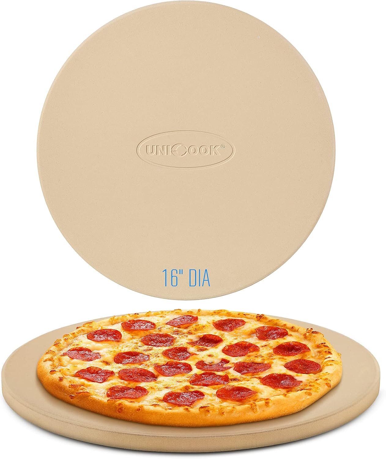 Unicook 16″ Round Pizza Stone for Oven and Grill, Cordierite Baking Stone | Even Heating & Consistent Heat Retention, Crispy Crust for Fresh & Frozen Pizzas, Bread, Cookies, Includes Dough Scraper
