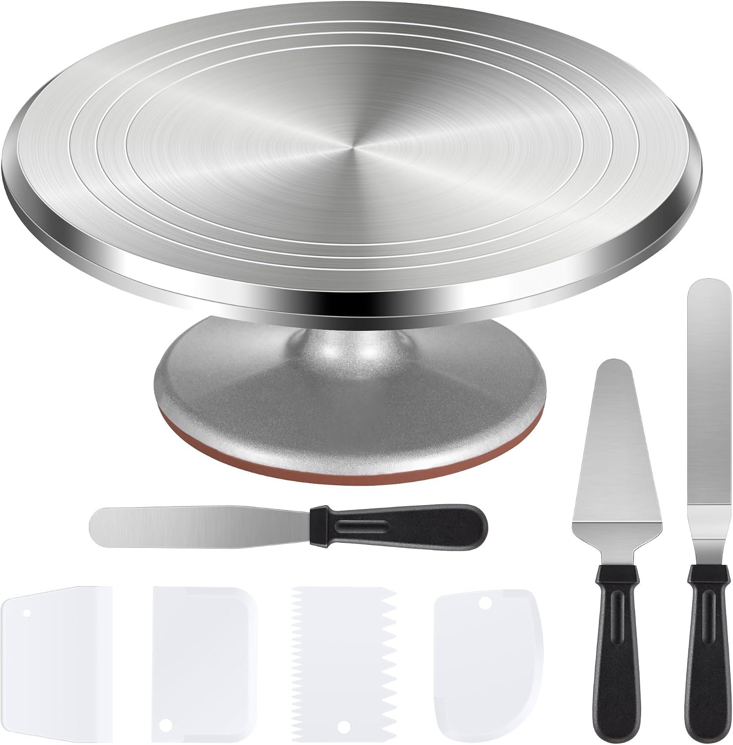 Puroma Cake Turntable, 12” Aluminium Alloy Cake Stand, Cake Decorating Kit with 3 Icing Spatulas and 4 Icing Combs, Cake Decorating Supplies for Cake, Cupcake, Desserts | Rotating Cake Stands, Complete Decorating Kits, Heavy-Duty, Smooth Ball Bearing, for Cake Decorations, Pastries, Desserts