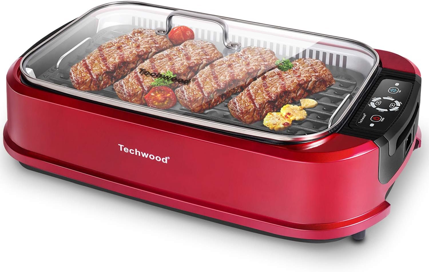 Smokeless Indoor Grill, Techwood 1500W Electric Grill Portable Korean Grill Non-Stick Grill Plates with Temperature Control, Removable Drip Tray, Tempered Glass Lid, Dishwasher-Safe