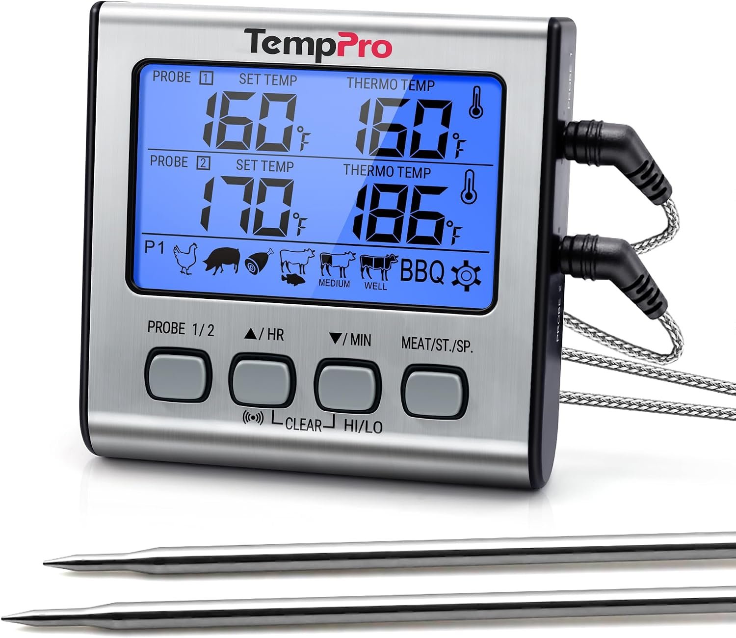 TempPro TempTrack Digital Cooking Meat Thermometer with Dual Meat Probe | Large LCD Backlight, High/Low Temperature Alarm, Kitchen Food Thermometer with Timer Mode for Smoker Grill Oven BBQ, Silver
