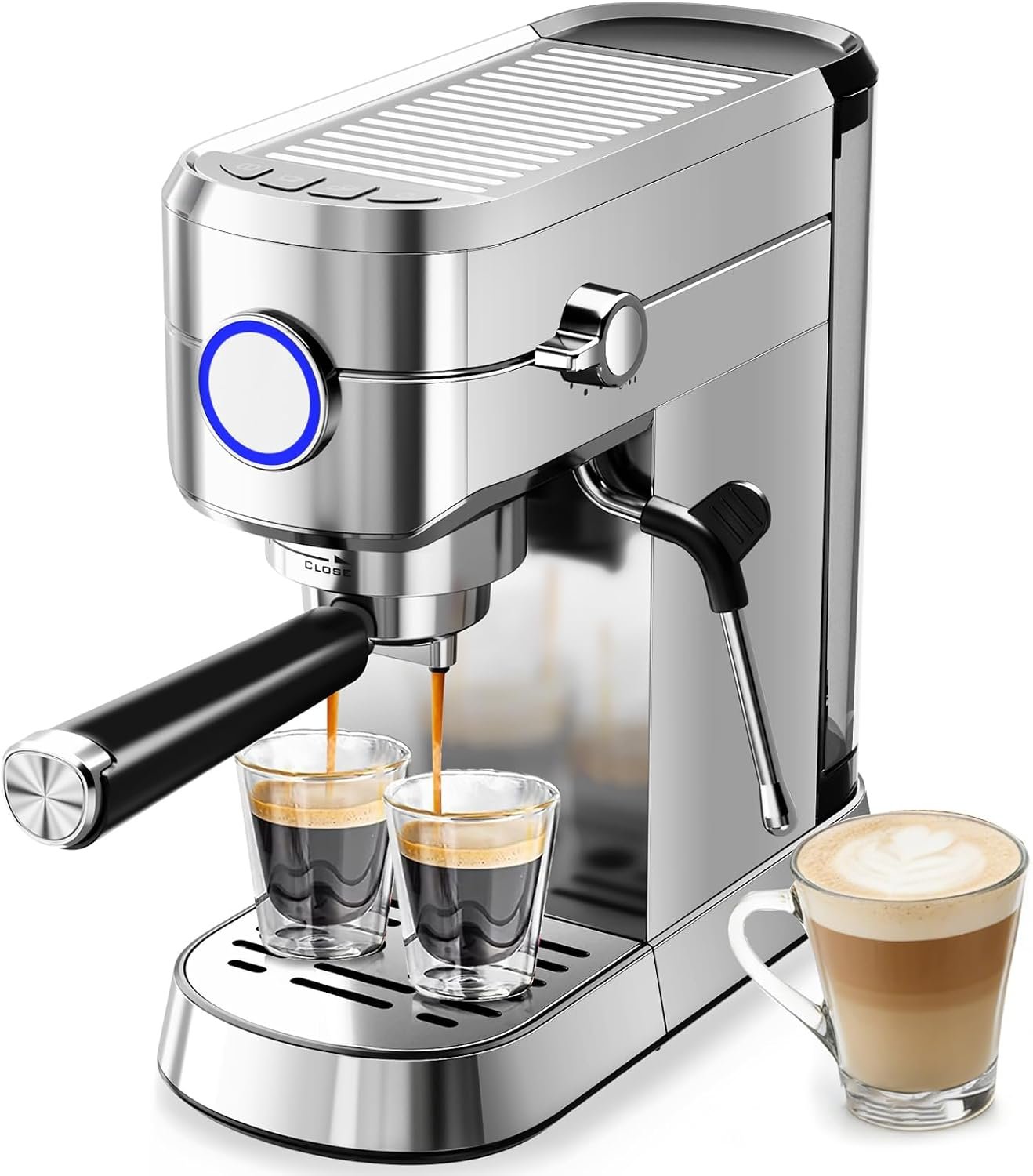 Kismile 20 Bar Espresso Machine with Milk Frother – Compact Espresso Machine with 34oz Removable Water Tank for Latte/Cappuccino/Americano, Cup Warmer, Auto Shut-Off & Auto-Cleaning, Brushed Silver