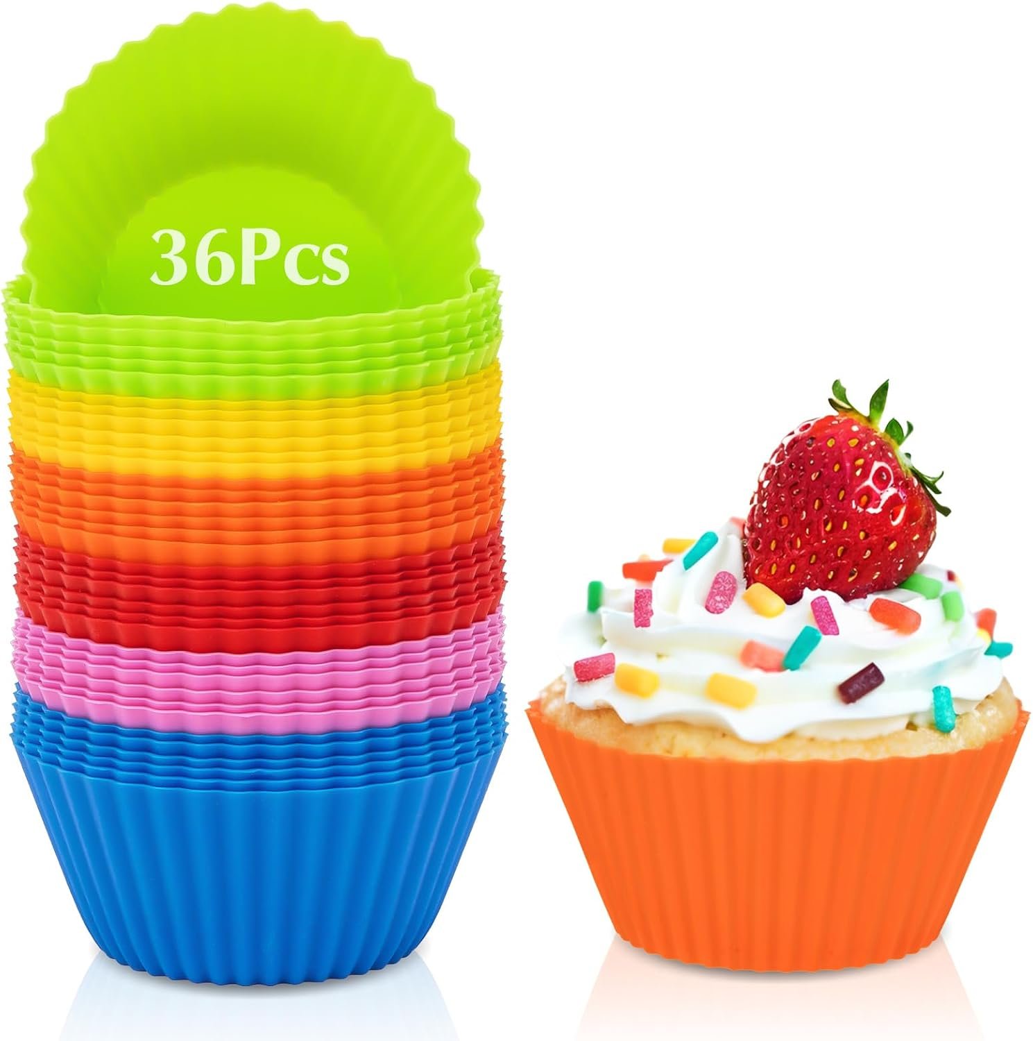 RAINFLOW 36 Pack Silicone Cupcake Baking Cups – Reusable Muffin Liners | 6 Color Cupcake Liners for Muffins, Egg Bites, Desserts and Party Baking, NonStick Muffin Molds for Party Halloween Christmas