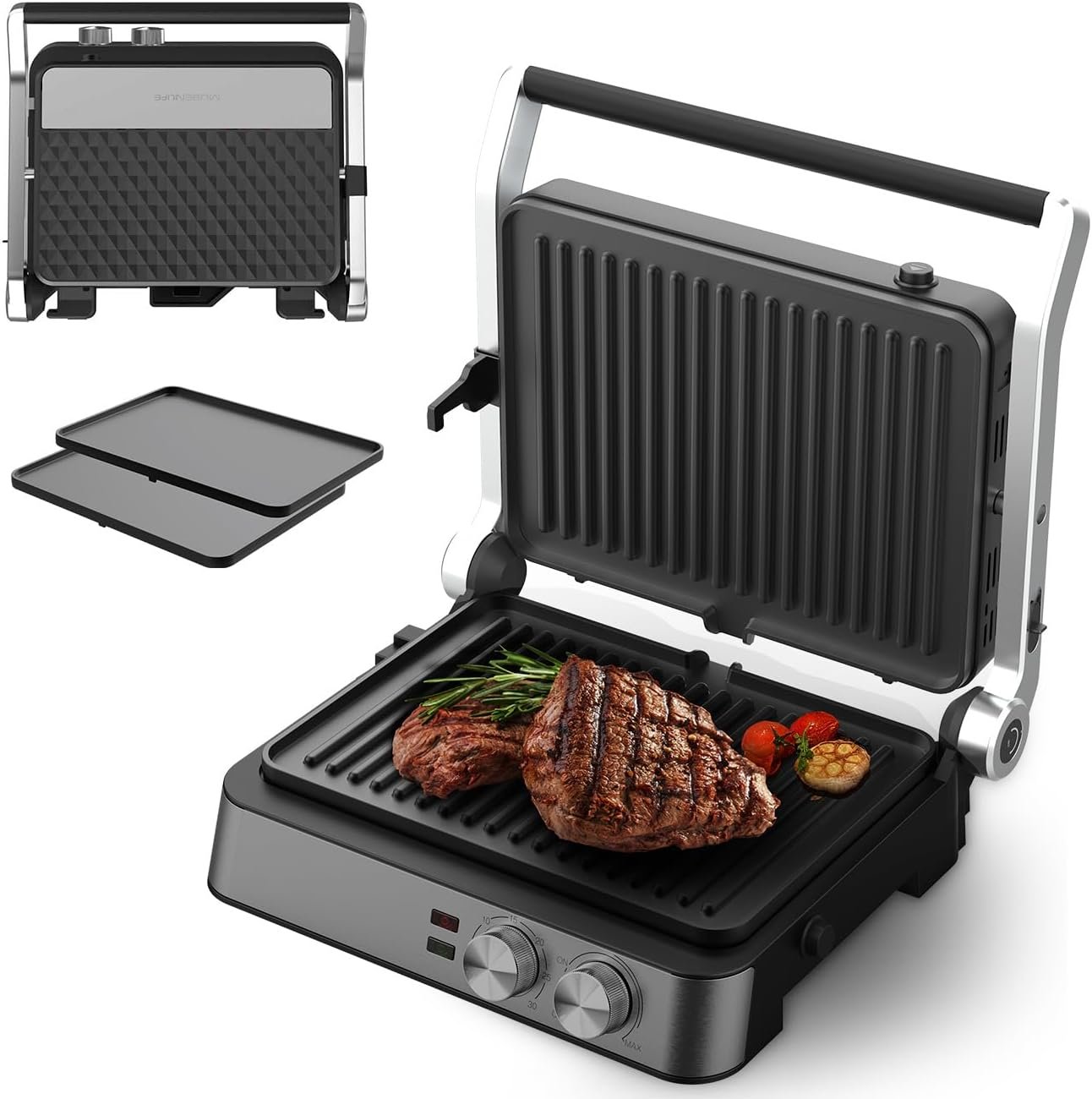 Panini Press,4 Slices Contact Grill with Removable Non-Stick Coated Grill and Flat Plates,Panini Makers with Temperature Control and Timer,Open 180 Degrees,Grill and Griddle (Half black with sus)