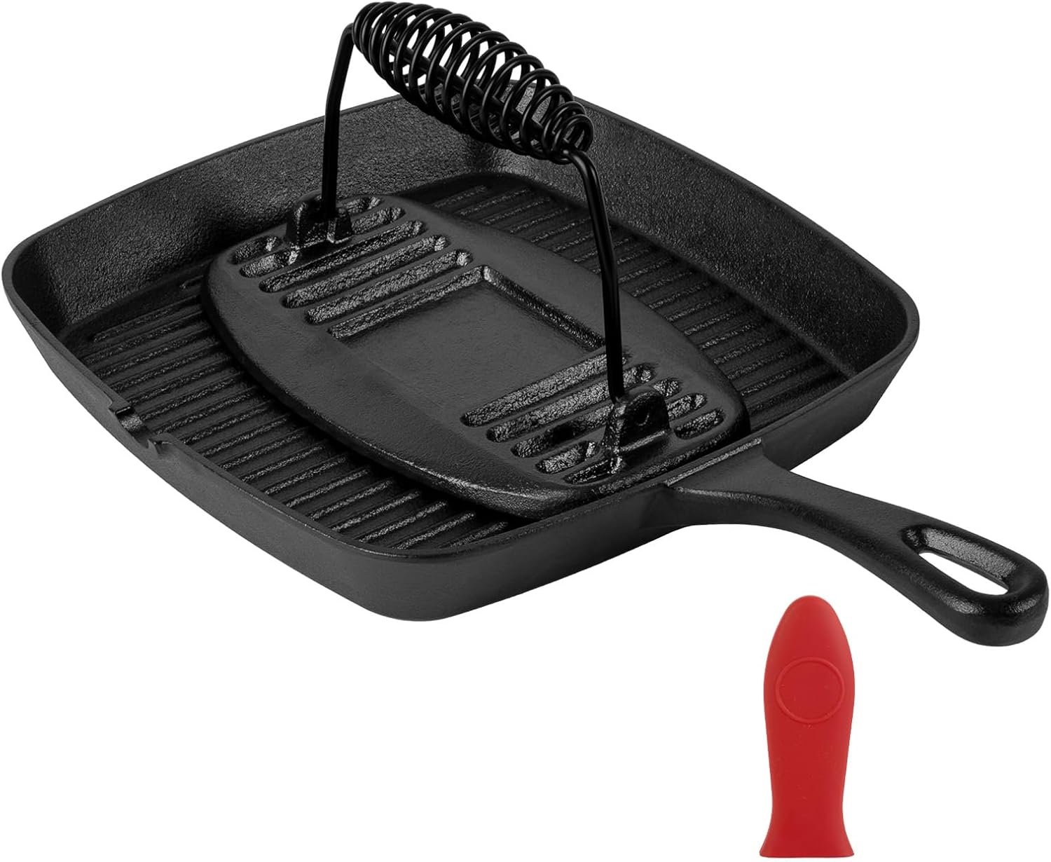 Cast Iron Grill Pan,9.25″ Pre Seasoned Skillet with Pour Spouts,Silicone Handle Cover for Indoor and Outdoor Grilling,Durable Oven Safe,Stove Campfire Use(Black)