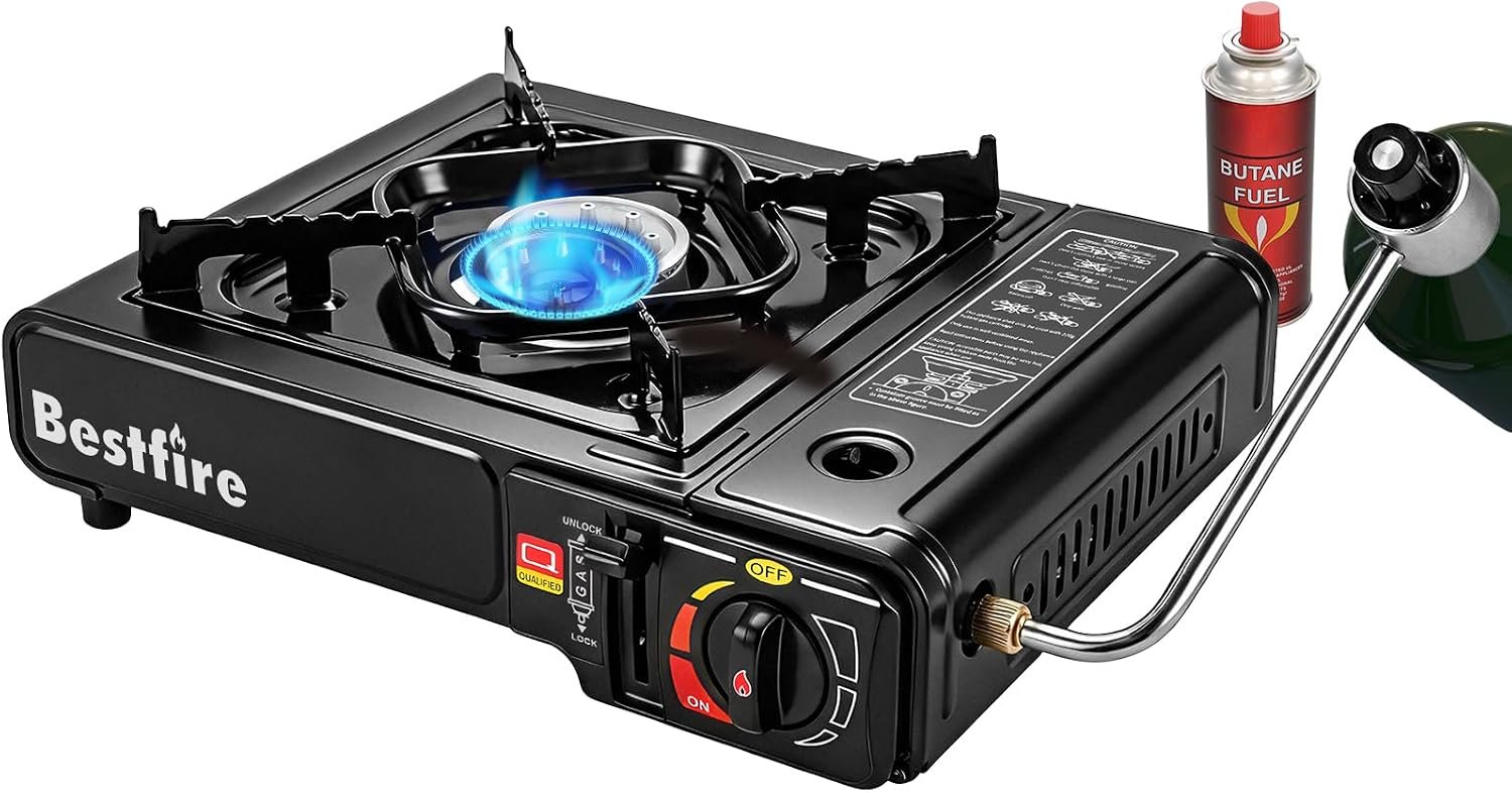 BESTFIRE Portable Dual Fuel Camping Stove – 10,000 BTU Butane and Propane Stove with Adapter & Case – Single Burner Gas Stove for Outdoor Cooking, Tailgating & Emergency