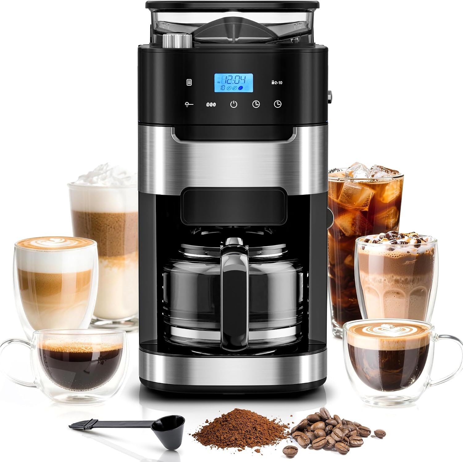 Kismile 10 Cup Drip Coffee Maker with Grinder Built In, Descaling Alert | Adjustable Grind & Brew Strength, 24H Timer, 2H Keep Warm, Reusable Filter & Glass Carafe