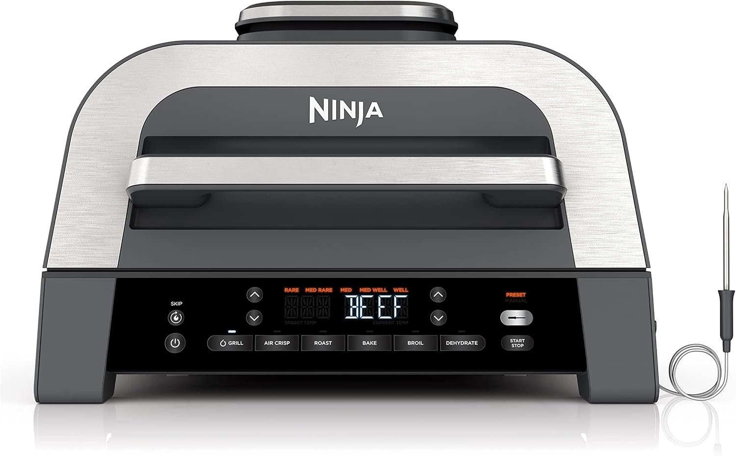 Ninja® Foodi® Smart XL 6-in-1 Indoor Grill & Air Fryer, Black/Silver, DG551 | Smart Cook System & Foodi Smart Thermometer, XL capacity, perfect doneness, rare to well done. 6-in-1: Grill, Air Fry & more.