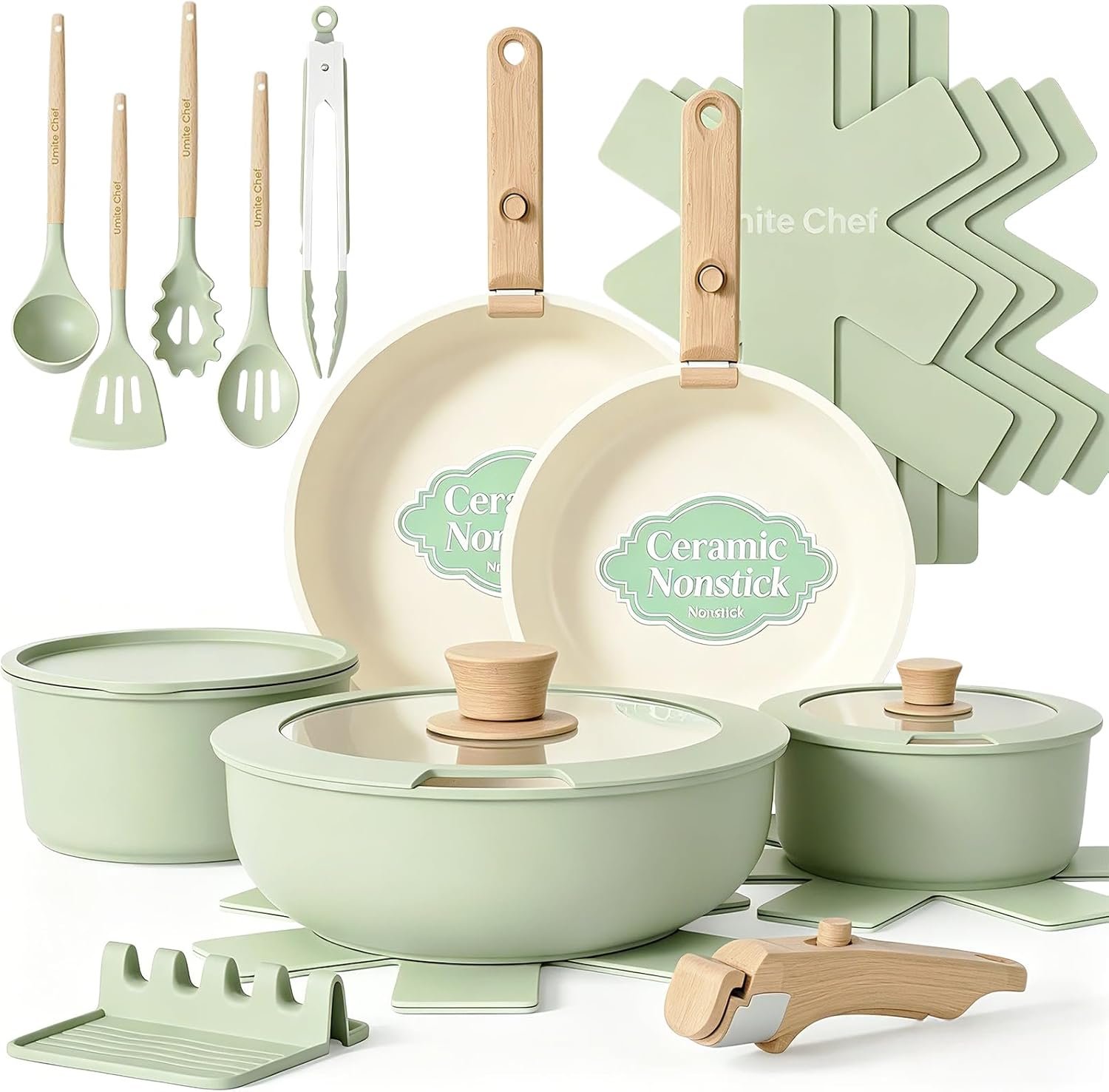 Umite Chef Non Stick Pots and Pans Set, 21 Pcs Ceramic Kitchen Cookware Set with Detachable Handle, Nonstick Healthy Induction Cookware, Dishwasher RV Cookware Set, Oven Safe, Stackable, Sage Green