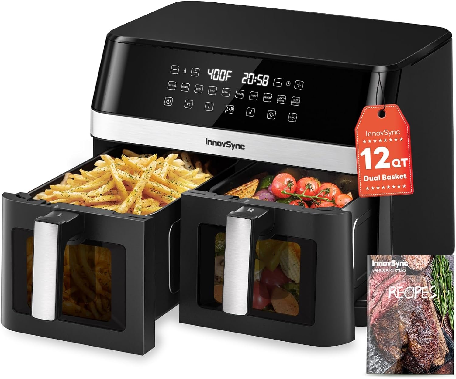 12QT Large Dual Air Fryer, 2 Dishes at Once, Black
