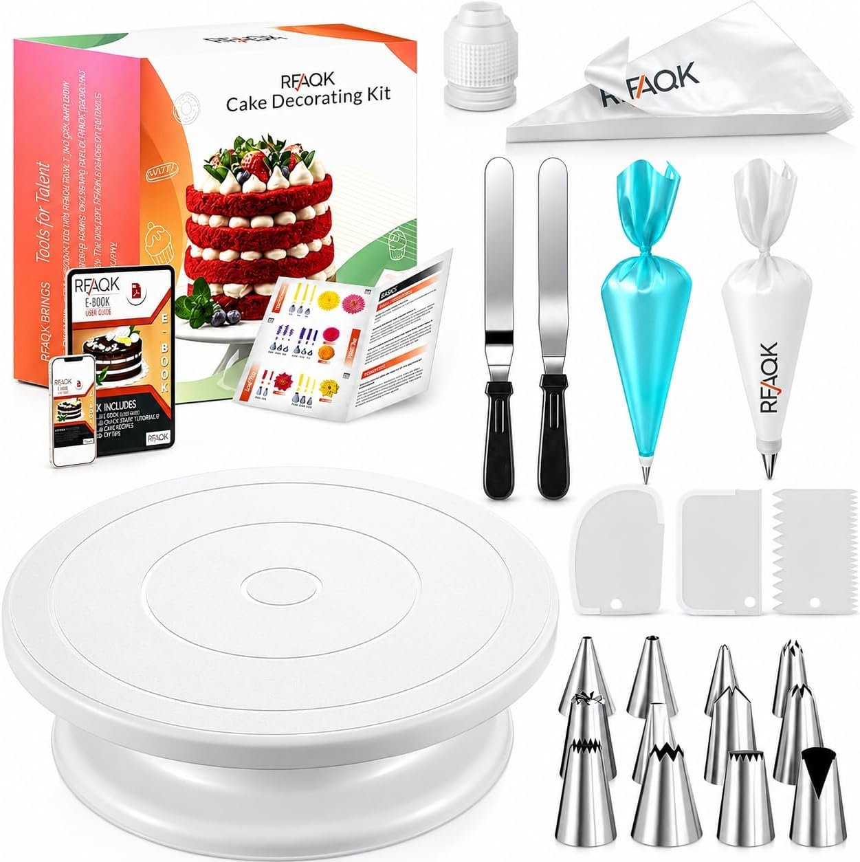 RFAQK 72PCs Cake Decorating Supplies Kit for Beginners – Cake Turntable with 50 Piping Bags, Bags Coupler, 12 Numbered Piping Tips, Offset & Straight Spatula, Icing Scrapper Set for Cake Decoration