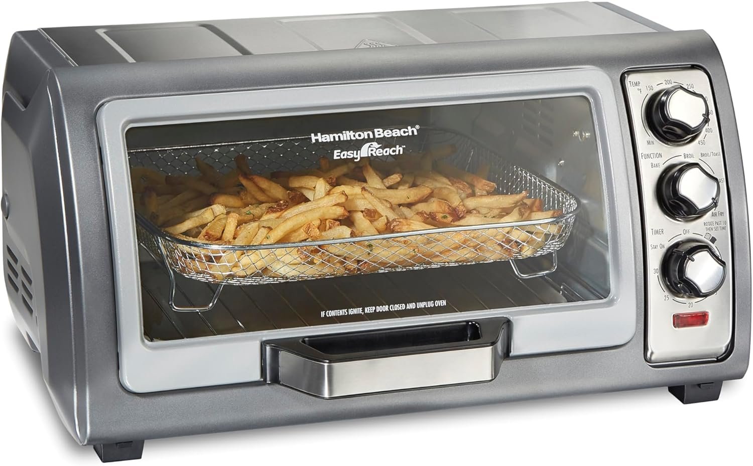 Hamilton Beach Easy Reach 6 Slice Countertop Air Fryer Toaster Oven Combo | Roll-Top Door For Easy Access | Bake, Broil & Toast Functions | 150 to 450ºF Adjustable Temp | Auto Shutoff | Stainless Steel
