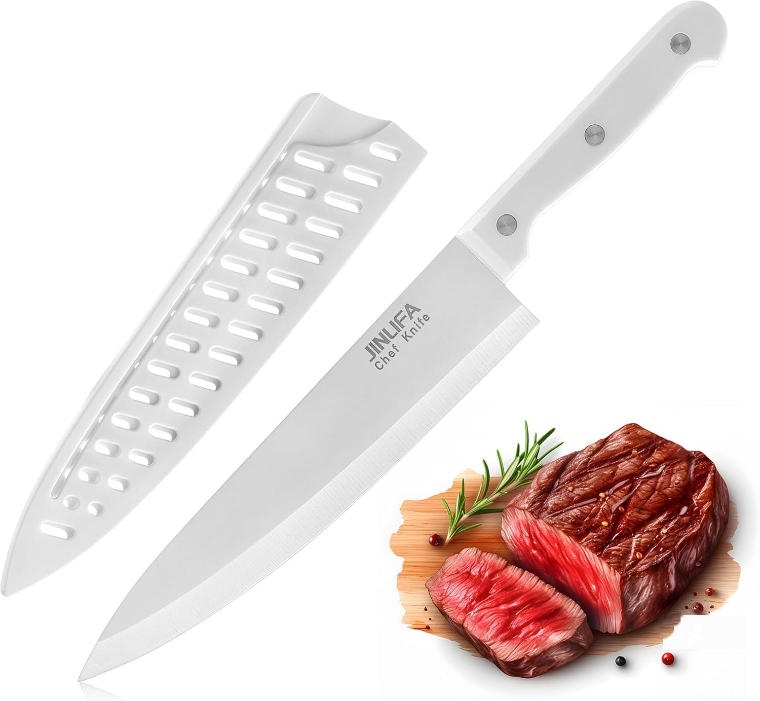 8 inch Chef Knife, Stainless Steel Kitchen Knife with Protective Knife Sheath, Ultra Sharp Slicing Knife with Ergonomic Handle, German Stainless Steel, Dishwasher Safe (White Color)