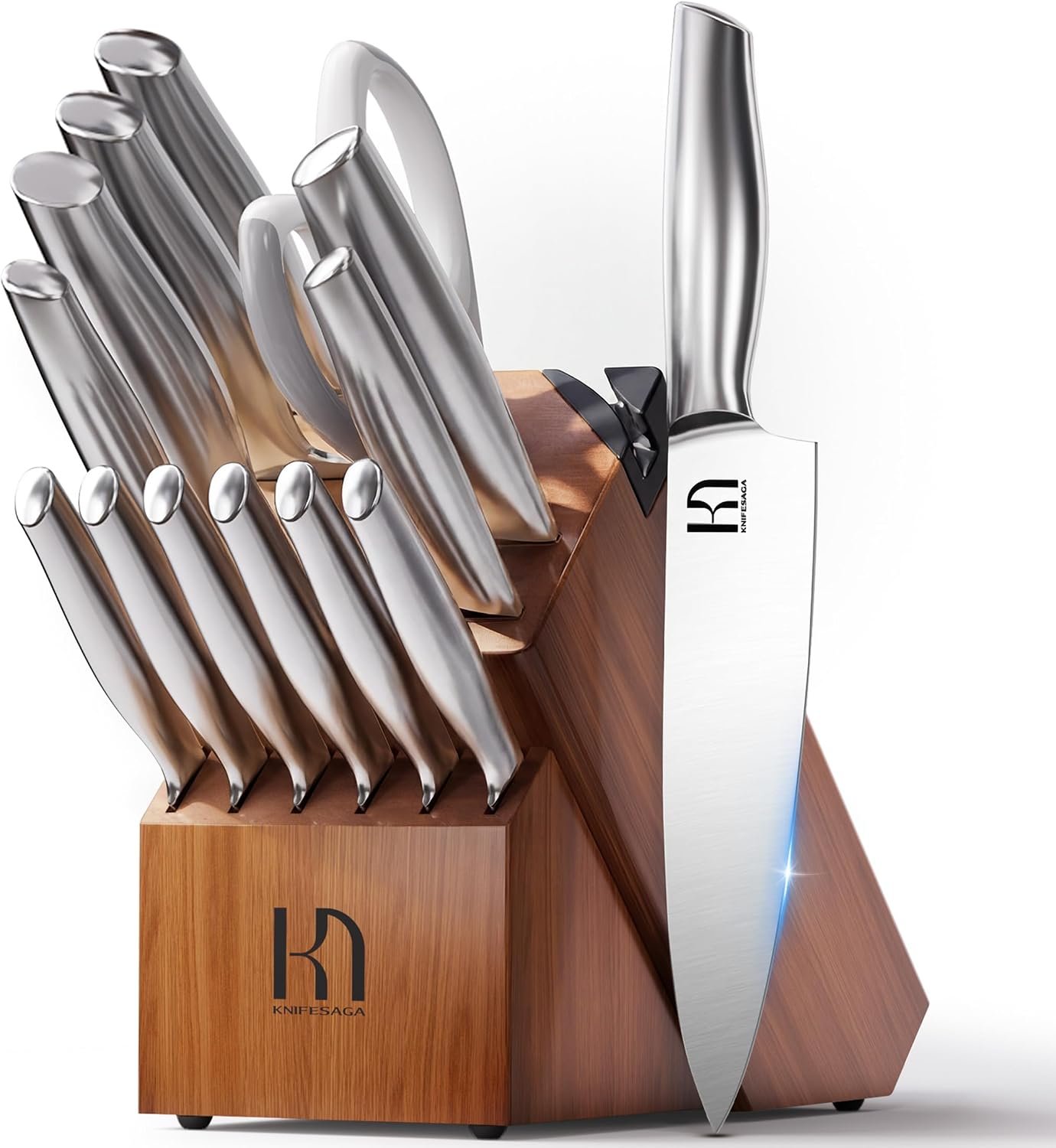 KnifeSaga 14 Pcs Knife Block Set, Premium, Razor Sharp, Japanese Steel | Innovative Steel, High Carbon Stainless, Enduring Sharpness, Ergonomic Handle, Quality Acacia Wood Block, Gift Box