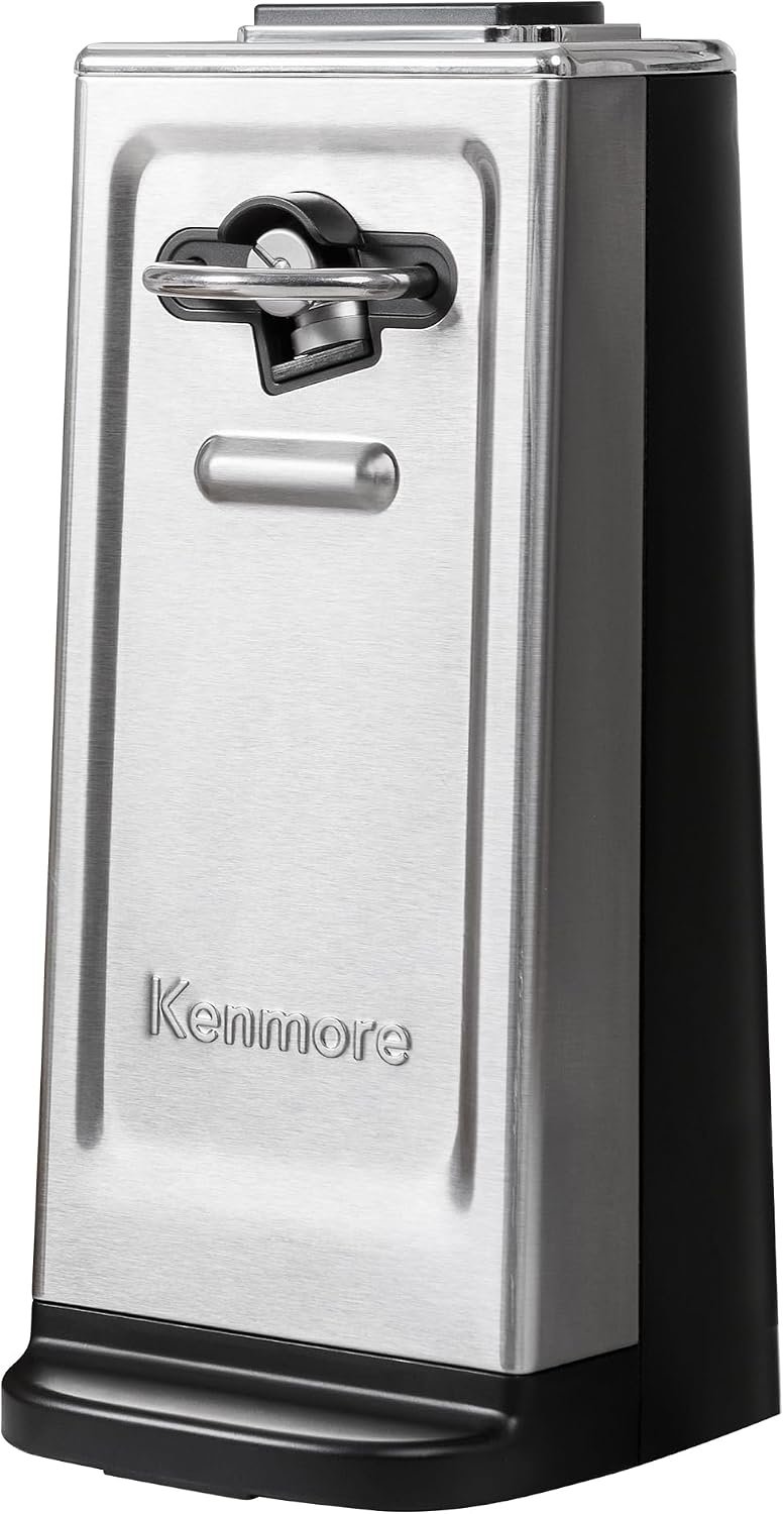 Kenmore Smooth Edge Electric Automatic Can Opener, Smooth-Touch Side-Cut Blade, Extra-Tall Can Opener, Easy Operation, Opens Regular And Pop-Top Cans, Prevents Sharp Edges, Black & Stainless Steel