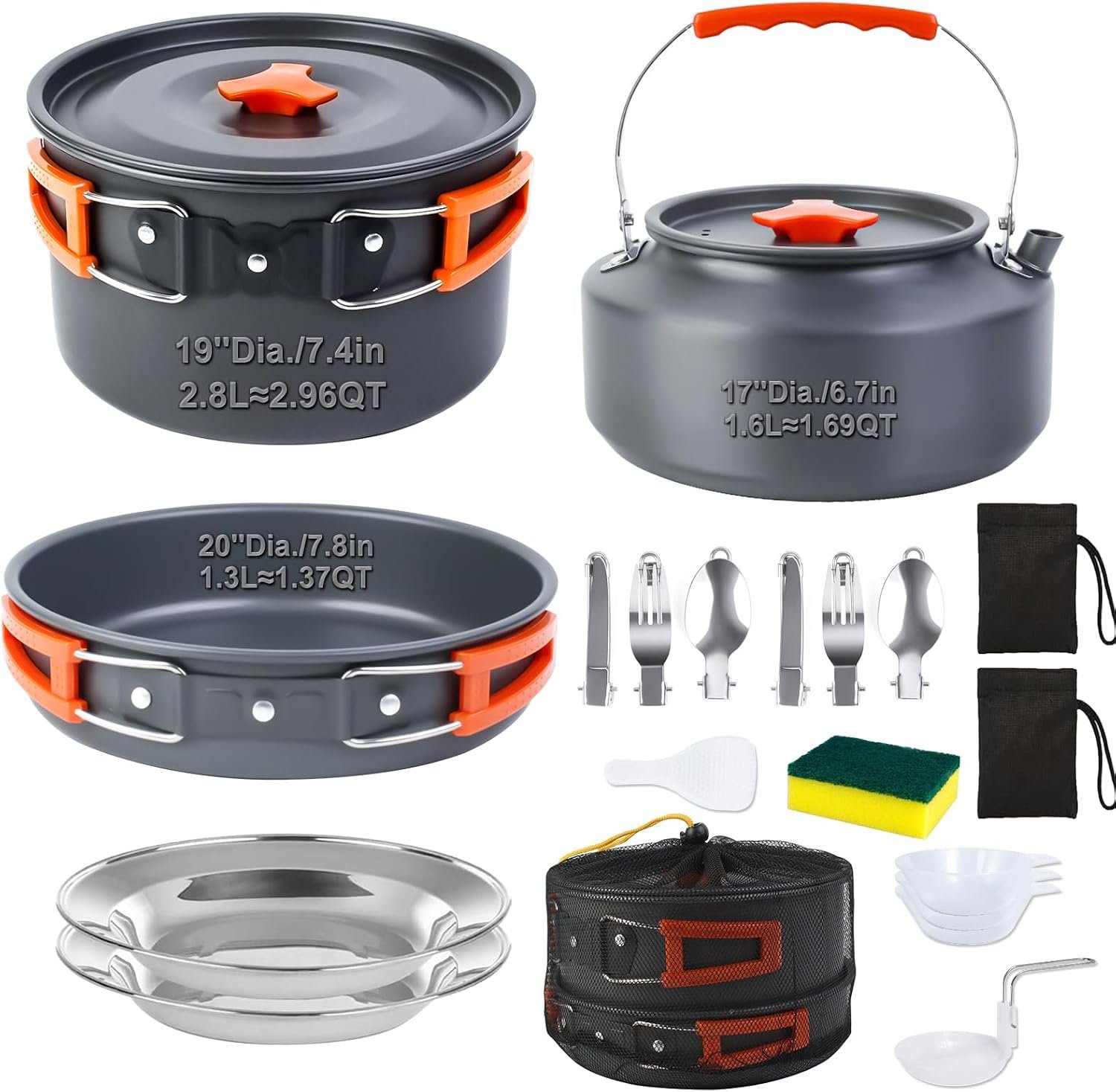 18-Piece Large Capacity Camping Cookware Set Aluminum Mess Kit | 2.8L main cooking pot 1.6L hot-water kettle 1.3L frying pan Uncoated aluminum surface Nested carry storage