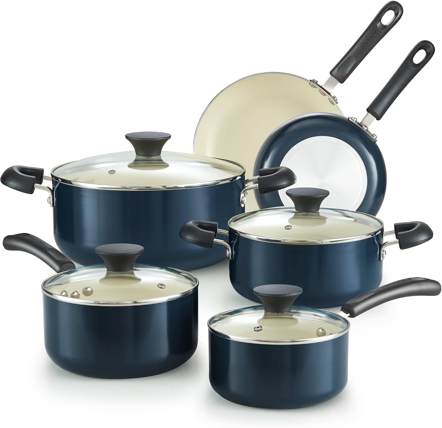 Cook N Home Basics Ceramic Nonstick Cookware Set,10-Piece, Blue | Nonstick Pots and Pans Set