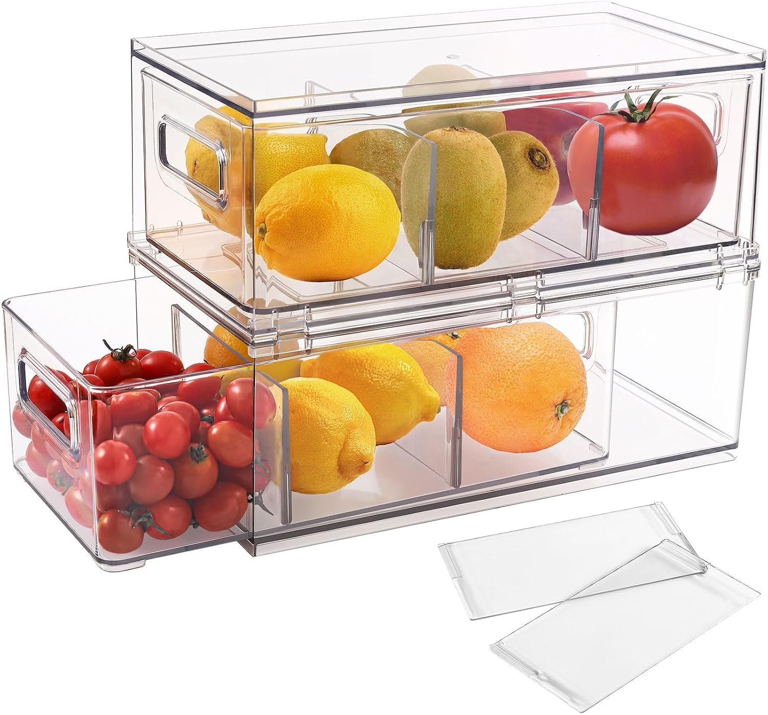 3.7QT Refrigerator Fridge Organizers Storage Bin with Pull-out Drawer,2 Pcs | Plastic Fridge Organizers and Storage with Handle, Stackable Fruit Vegetable Storage Containers for Kitchen Bathroom Pantry