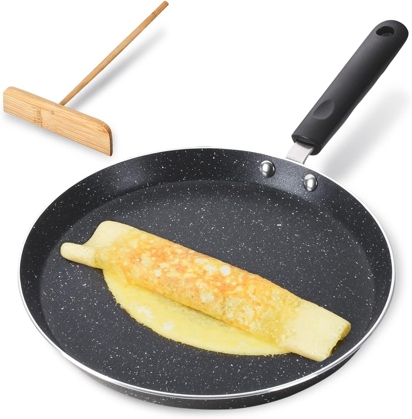 10.5 Inch Nonstick Crepe Pan with Spreader Induction Compatible, for Egg Omelet and Flat Pancake Frying Pan, PFOA & PTFEs Free (Black)