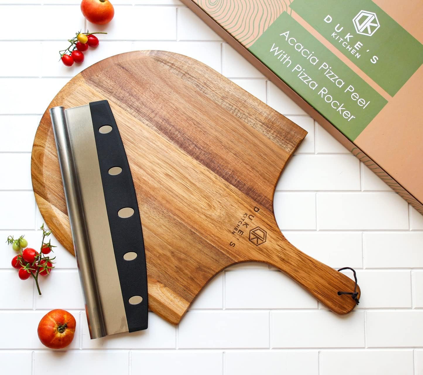 Premium Acacia Pizza Peel (Extra Large) and Rocker Blade Pizza Cutter Set, Pizza Peel 16 inch, Gourmet Wooden Pizza Paddle / Spatula / Board, Size 14″ W x16″ L, 22″ L Overall including handle