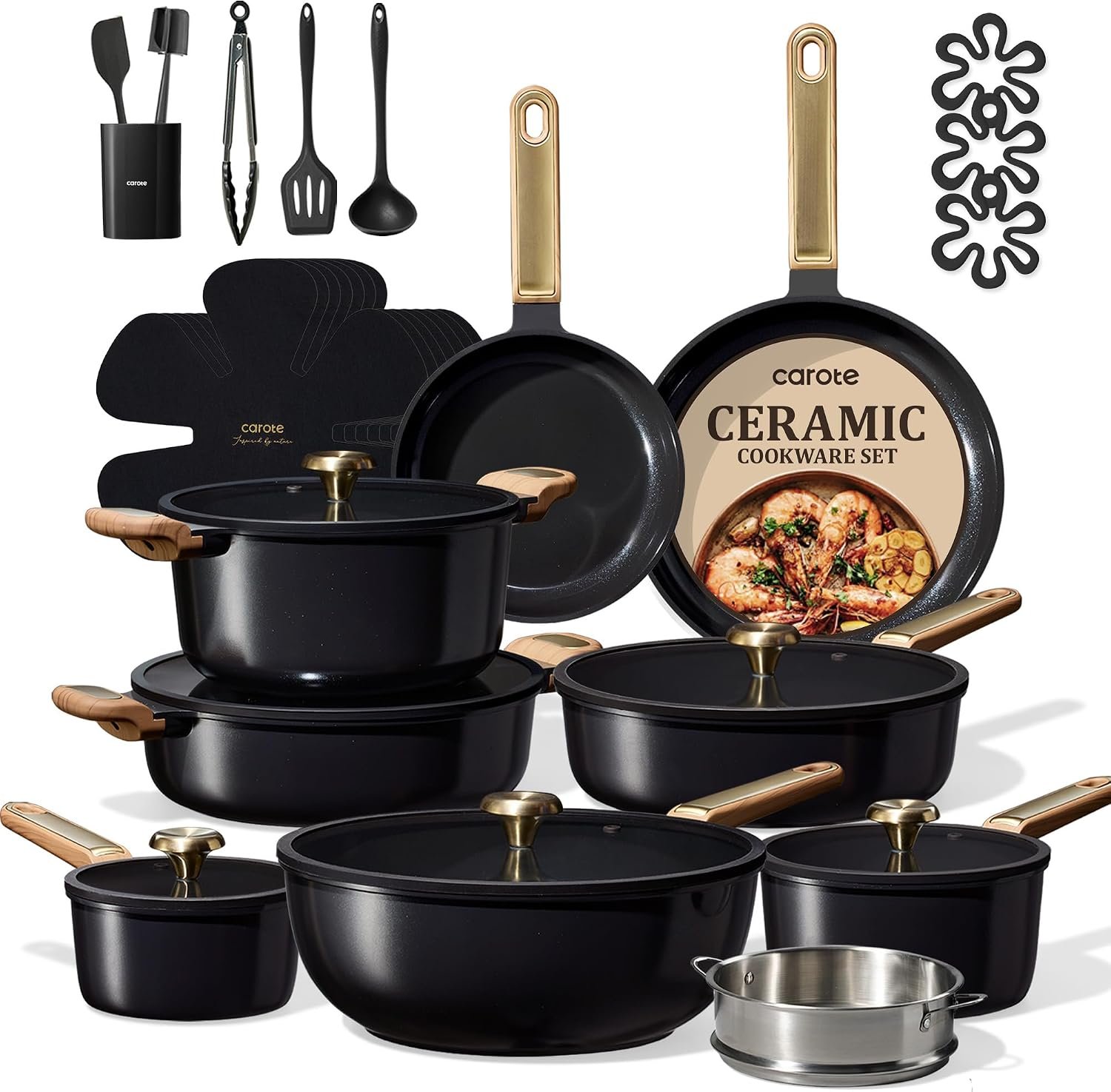 CAROTE 31pcs Ceramic Cookware Sets, Pots and Pans Set, with Wok | Healthy Kitchen Cooking, Utensils Included, Dishwasher Safe, Easy to Clean, Even Heating, PFAS FREE