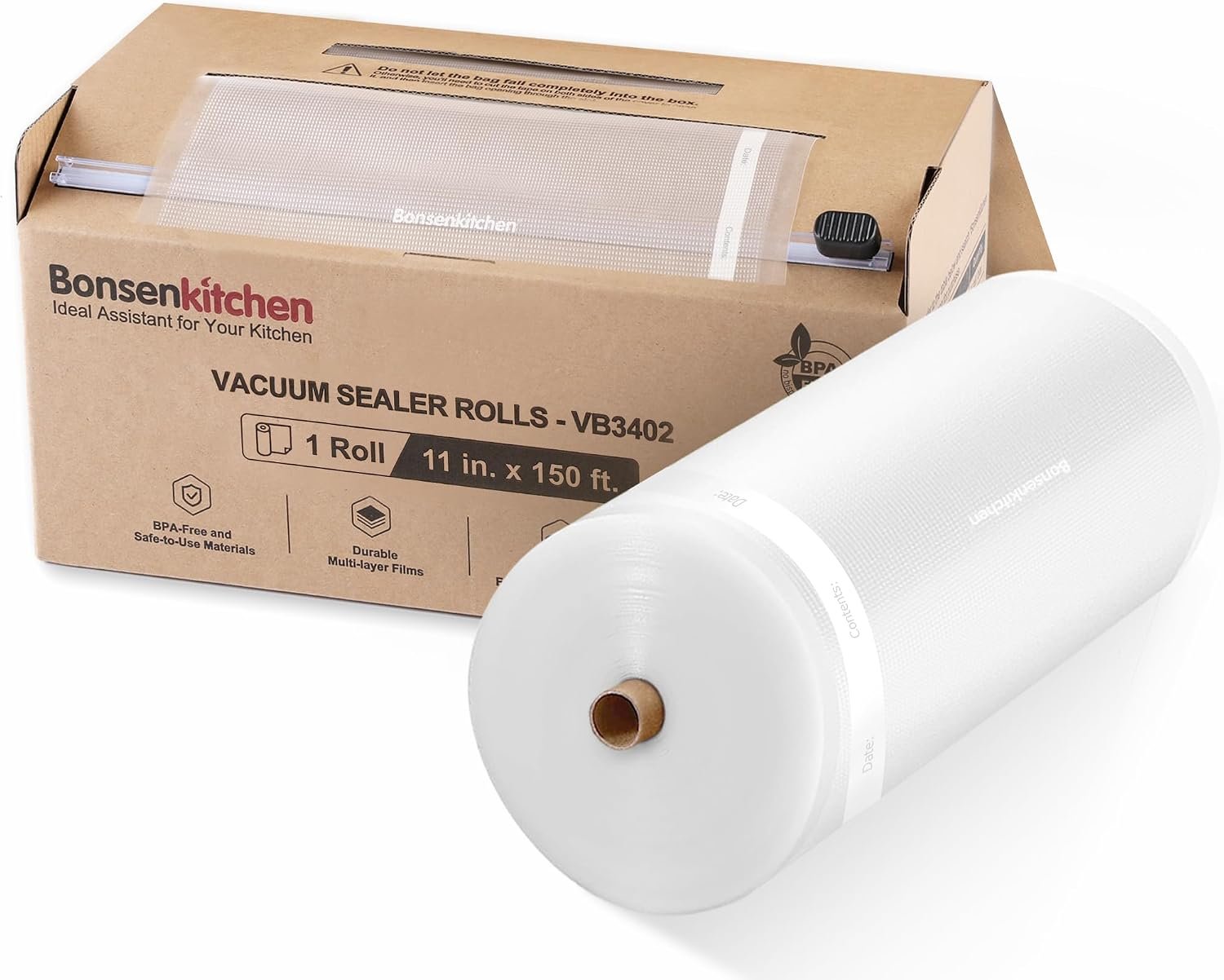 Bonsenkitchen 11″x150′ Vacuum Sealer Bags with Cutter for Food Storage | Commercial Grade, Meal Prep and Sous Vide Cooking, Puncture Resistant Heavy Duty Design, BPA Free Food Grade Safe Material