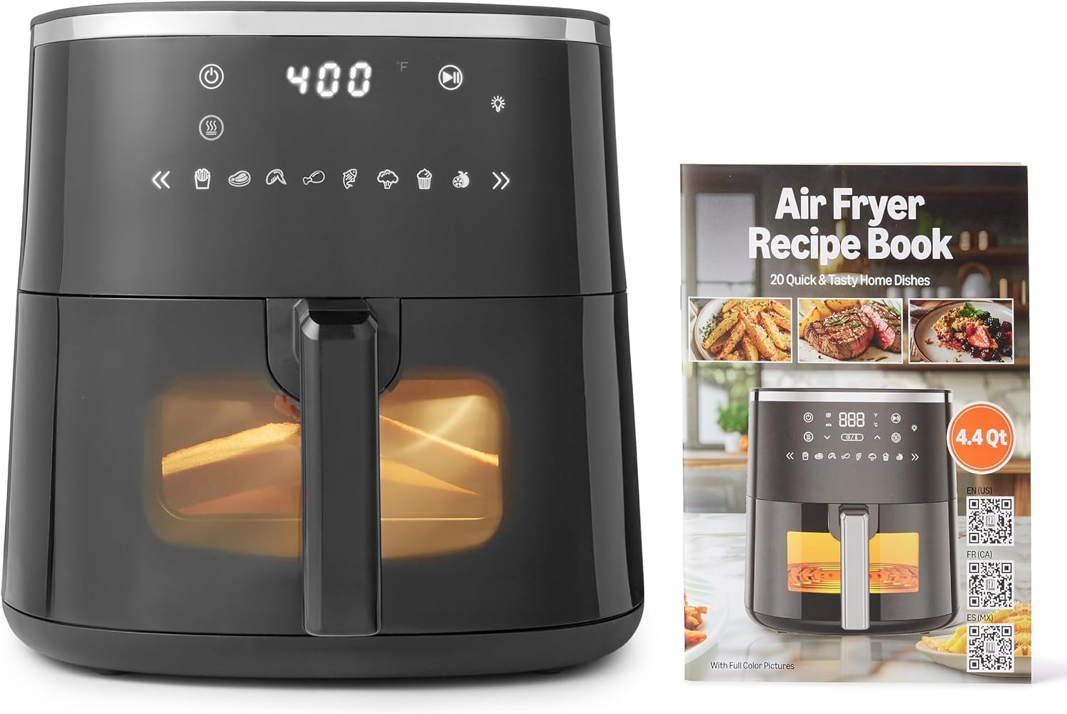 Amazon Basics 4.4-Quart Digital Air Fryer with Easy View Window, 8 Preset Menus, Digital Touch Controls, 140℉-400℉ Temperature Range, 1400W, Black