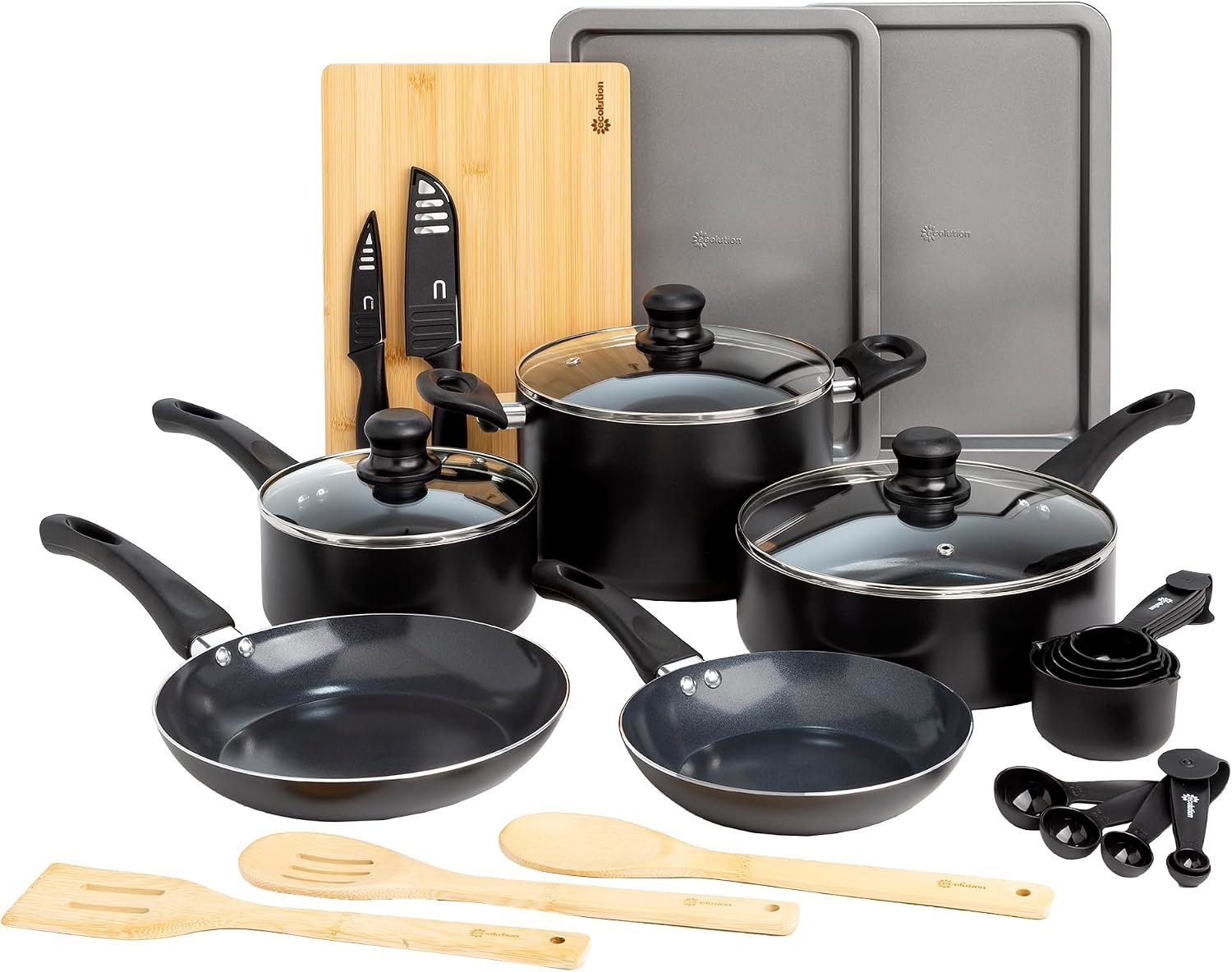 Ecolution Easy Clean Ceramic Nonstick Cookware Set, Dishwasher Safe Kitchen Pots and Pans Set, Comfort Grip Handle, Even Heating, and Ultimate Food Release, 26-Piece, Black
