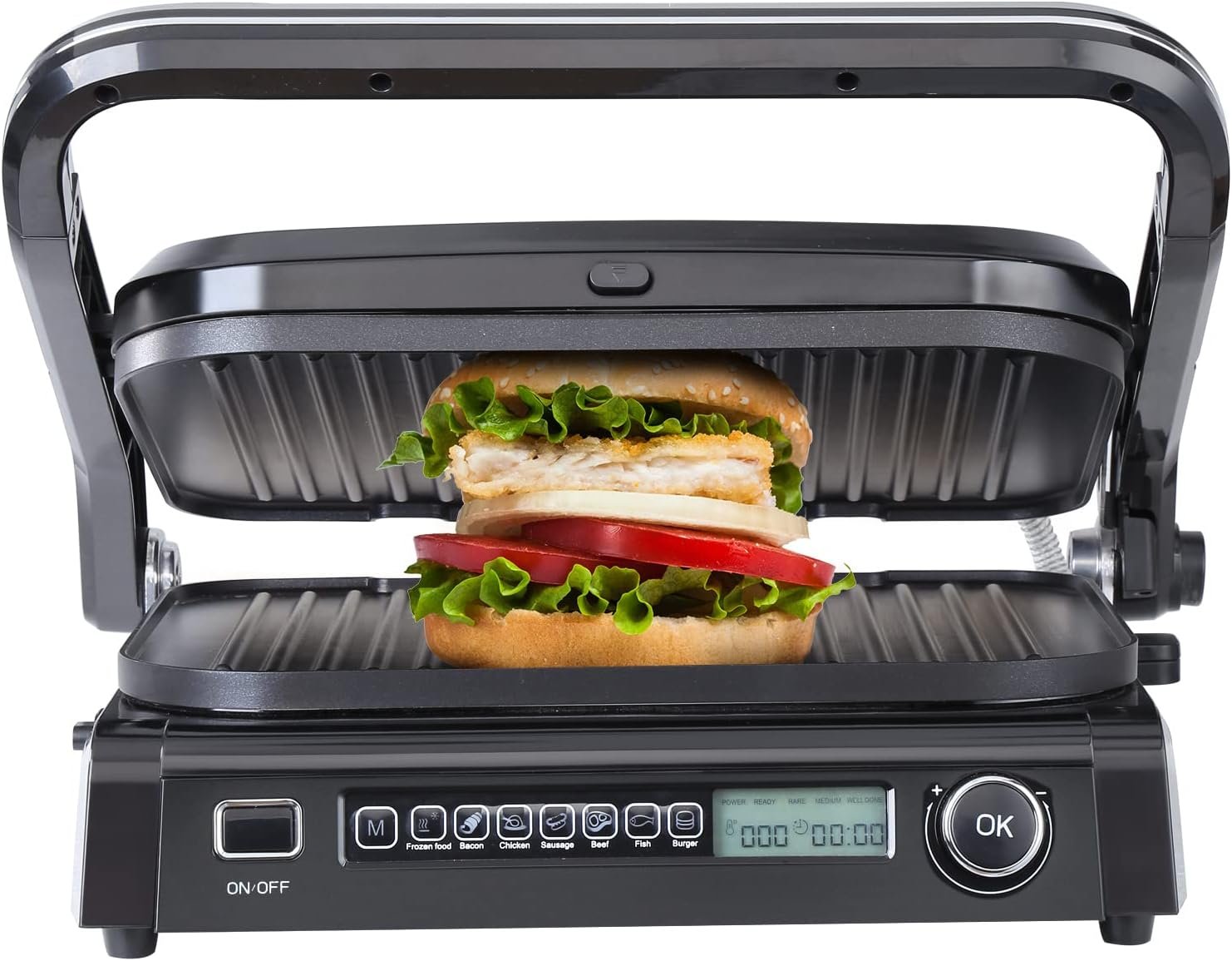 VEVOR 7 IN 1 Electric Contact Grill,1800W Indoor Panini Press Griddle,Stainless Steel Teppanyaki Grill with Nonstick&Removable Iron Plate, 0-446℉ Adjustable Temp Control,LCD Display,110V