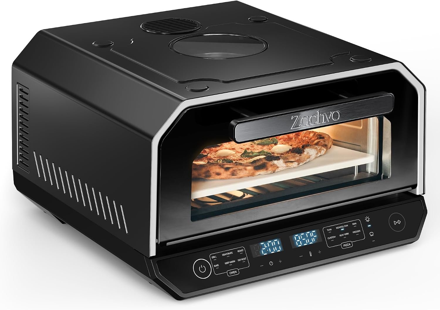 13-in-1 Indoor Pizza Oven, Top Viewing Window, Expert Mode: 5 Pies/30 Min | 850°F Electric Pizza Oven, 90-Second 12-Inch Neapolitan Crust, 6 Presets & 6 Bake Modes, PID System, On-Demand Light, Black