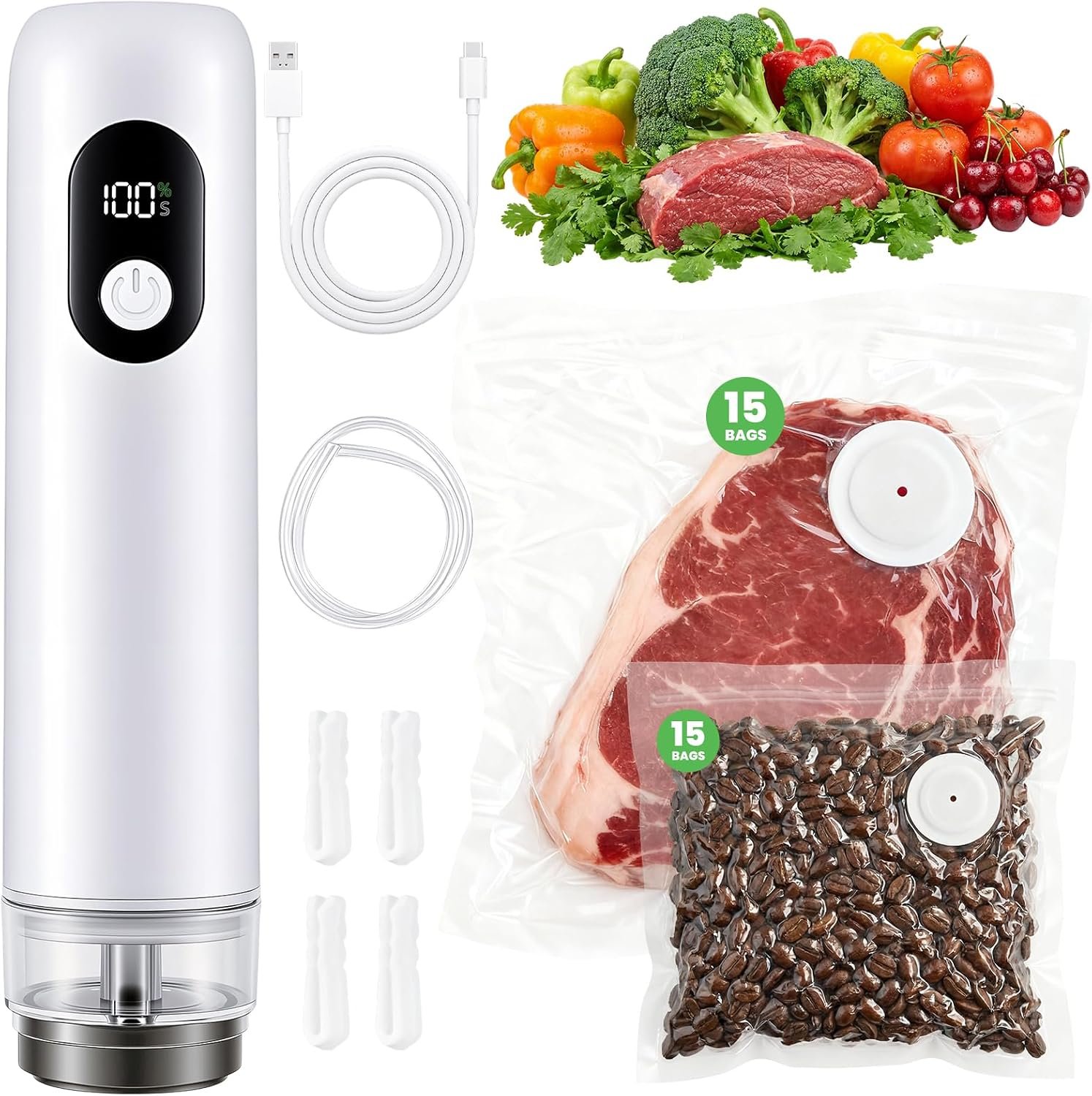 ROUUO Vacuum Sealer for Food Portable Food Sealer with 30 Reusable Bags, USB-C, Dry/Moist/Canister/Wine Mode – Long-Lasting Wireless Compact Vacuum Sealer for Travel, Camping, and Home Kitchen