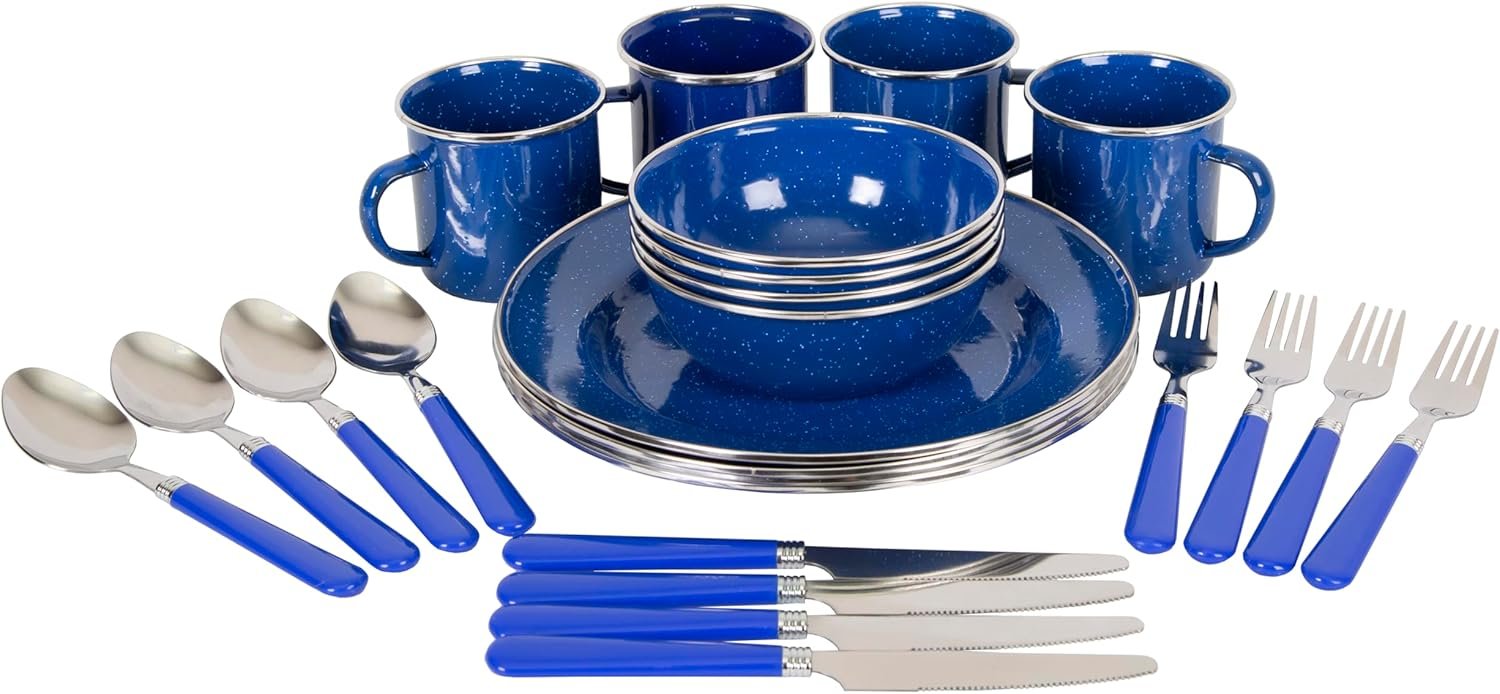 Stansport Deluxe 24-Piece Enamel Tableware Set – Enamel Plates and Bowls Lightweight and Durable Camp Dish Set for Camping and Backpacking Plates and Bowls for 4 People