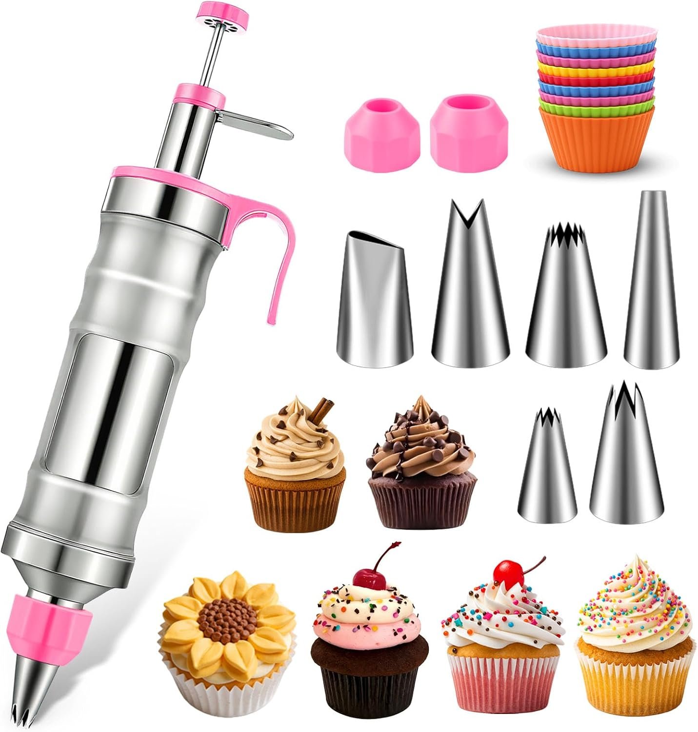 Hendiy Dessert Decorating Syringe Set, Stainless Steel Frosting Kit | 6 Piping Tips, 9 Silicone Cupcakes, Piping Bags Included, Cupcake Decorating Kit