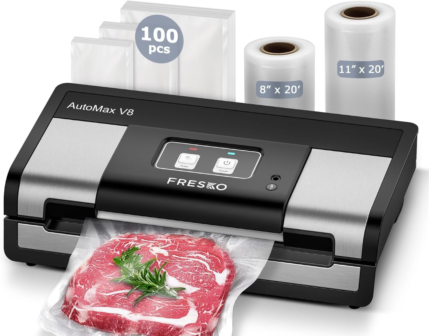 FRESKO Automatic 95Kpa Food Vacuum Sealer Machine, Auto Dry-Wet Detection | Effortless Operation with Built-in Cutter & Bag Storage, 2 Rolls Bags & 100 Pcs Precut Bags, Silver – Black