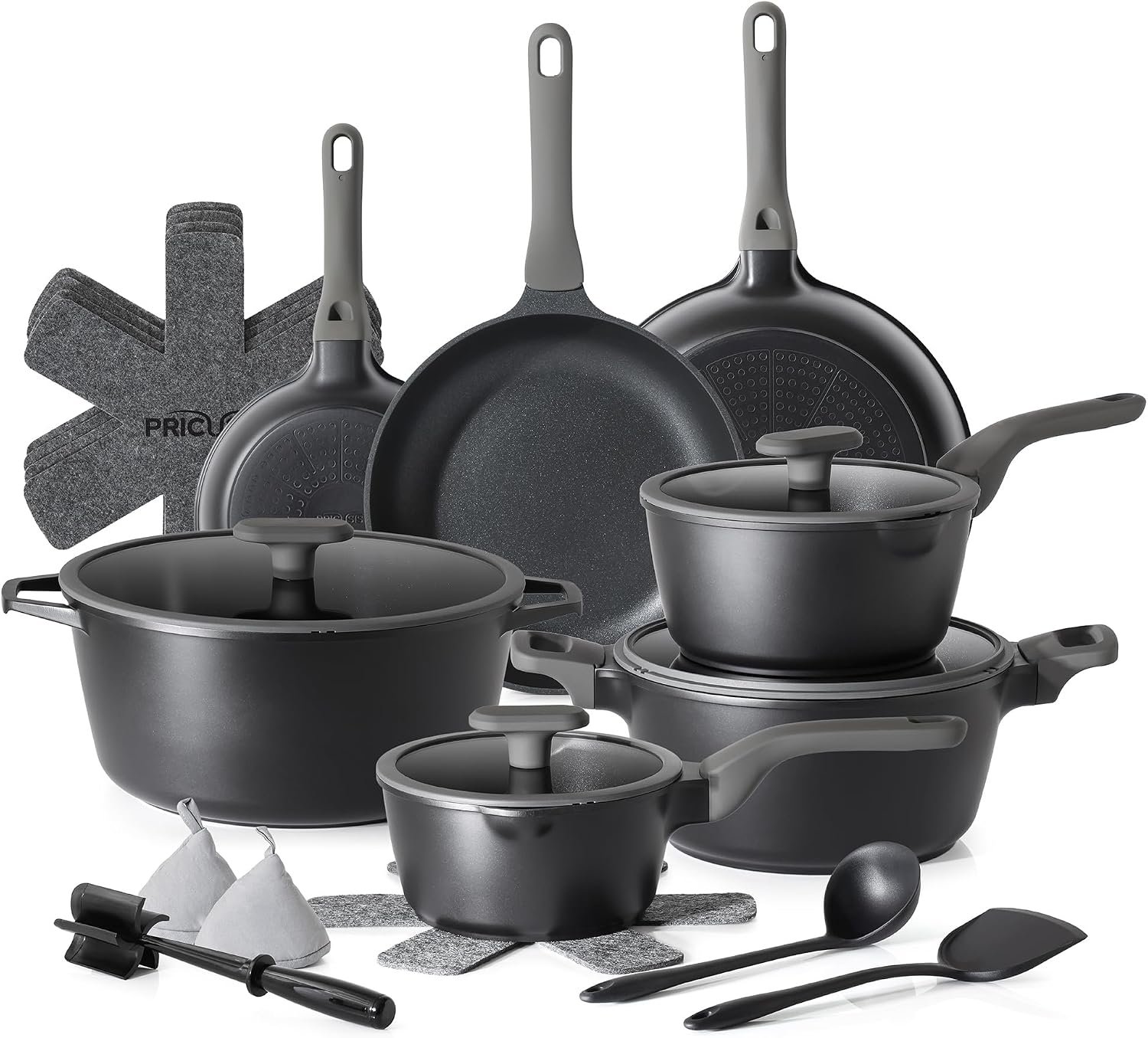 Pots and Pans Set Nonstick, 21Pcs Induction Compatible, Stay Cool Handle, Fully Coated, 100% Dishwasher Safe, PFOA Free Omelet Pans, Warp Resistant (Black Sesame)