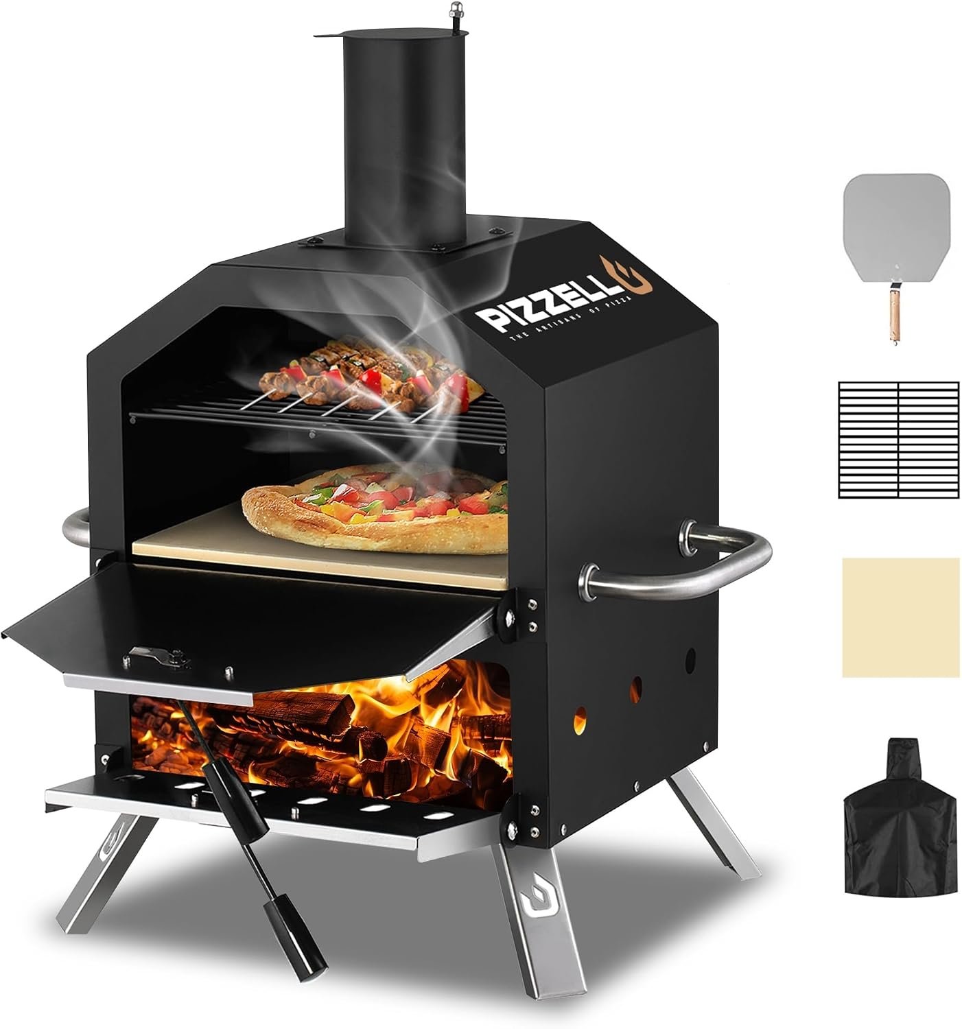 Outdoor Pizza Oven Wood Fired 2-Layer Pizza Ovens Outside Pizza Maker with Stone, Pizza Peel, Cover,Removable Cooking Rack for Camping Backyard BBQ (Black) | Portable Pizza Maker with Stone, Pizza Peel, Cover,Removable Cooking Rack for Camping, Backyard, BBQ, Black