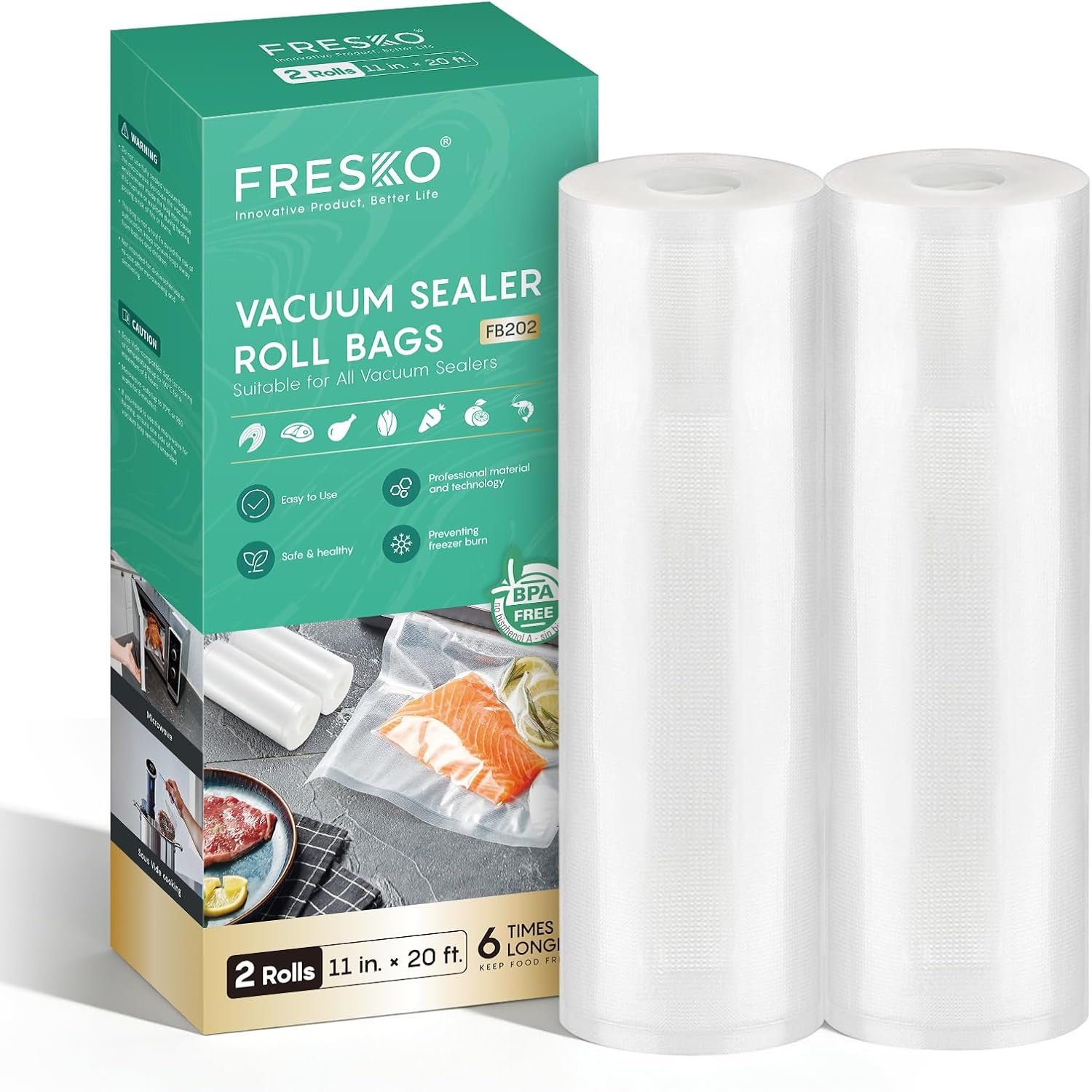 FRESKO Vacuum Sealer Bags Rolls 2 Packs 11″ x 20′ | BPA Free, Heavy Duty, Commercial Grade Seal a Meal Bags for Storage Food & Sous Vide, Customized Size Freezer Bags