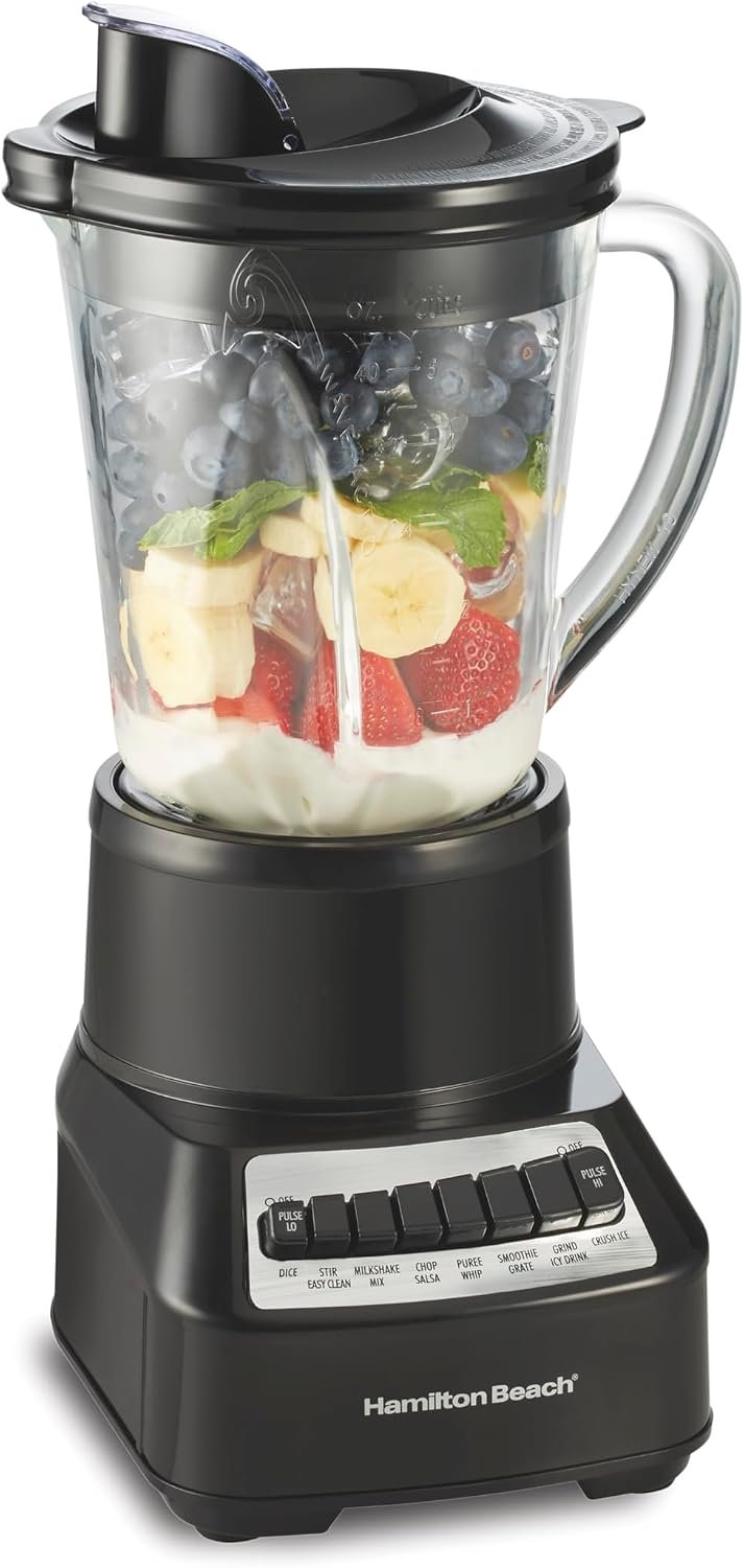 Hamilton Beach Wave Crusher Blender for Smoothies With 40 Oz Glass Jar | 14 Functions For Consistently Smooth Results | Stainless Steel Ice Sabre Blades | 700 Watts | Black | 54220