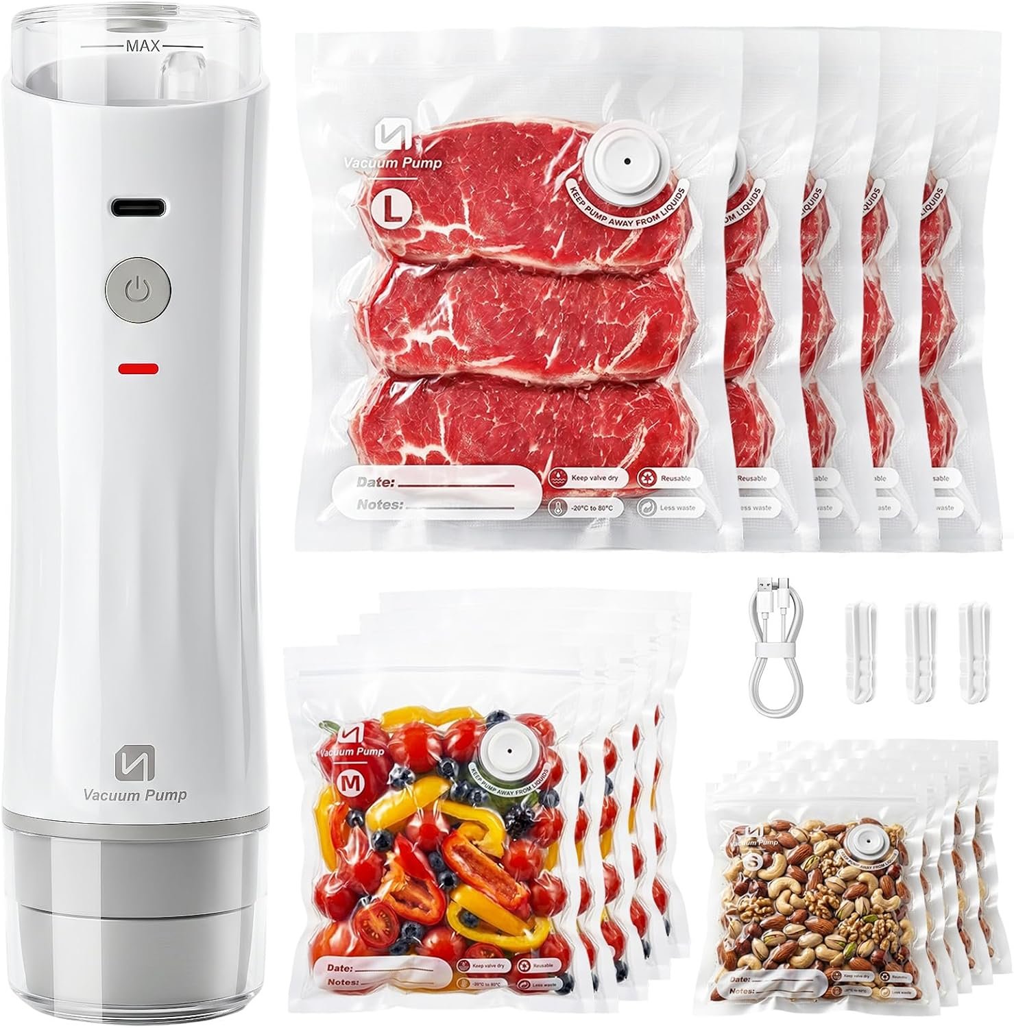 ShinePick Vacuum Sealer for Food, Powerful Handheld Food Saver Machine Compact Vacuum Sealer Machine with Visible Water Tank & 15 Reusable Sealer Bags for Kitchen, Travel & Outdoor
