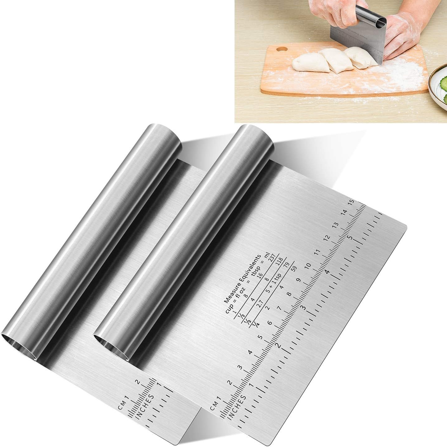 Pro Dough Pastry Scraper/Cutter/Chopper Stainless Steel Mirror Polished with Measuring Scale Multipurpose- Cake, Pizza Cutter – Pastry Bread Separator Scale Knife 2PCS