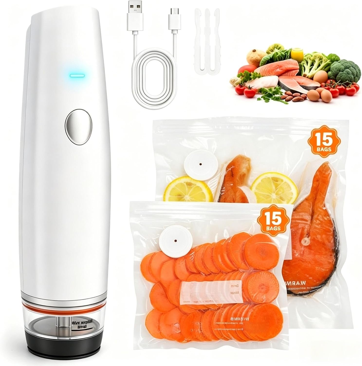 -80kPa Compact Vacuum Sealer for Food (Vacuum Sealer Machine + 30 Reusable Bags), 1200mAh Rechargeable Handheld Vacuum Sealer Machine